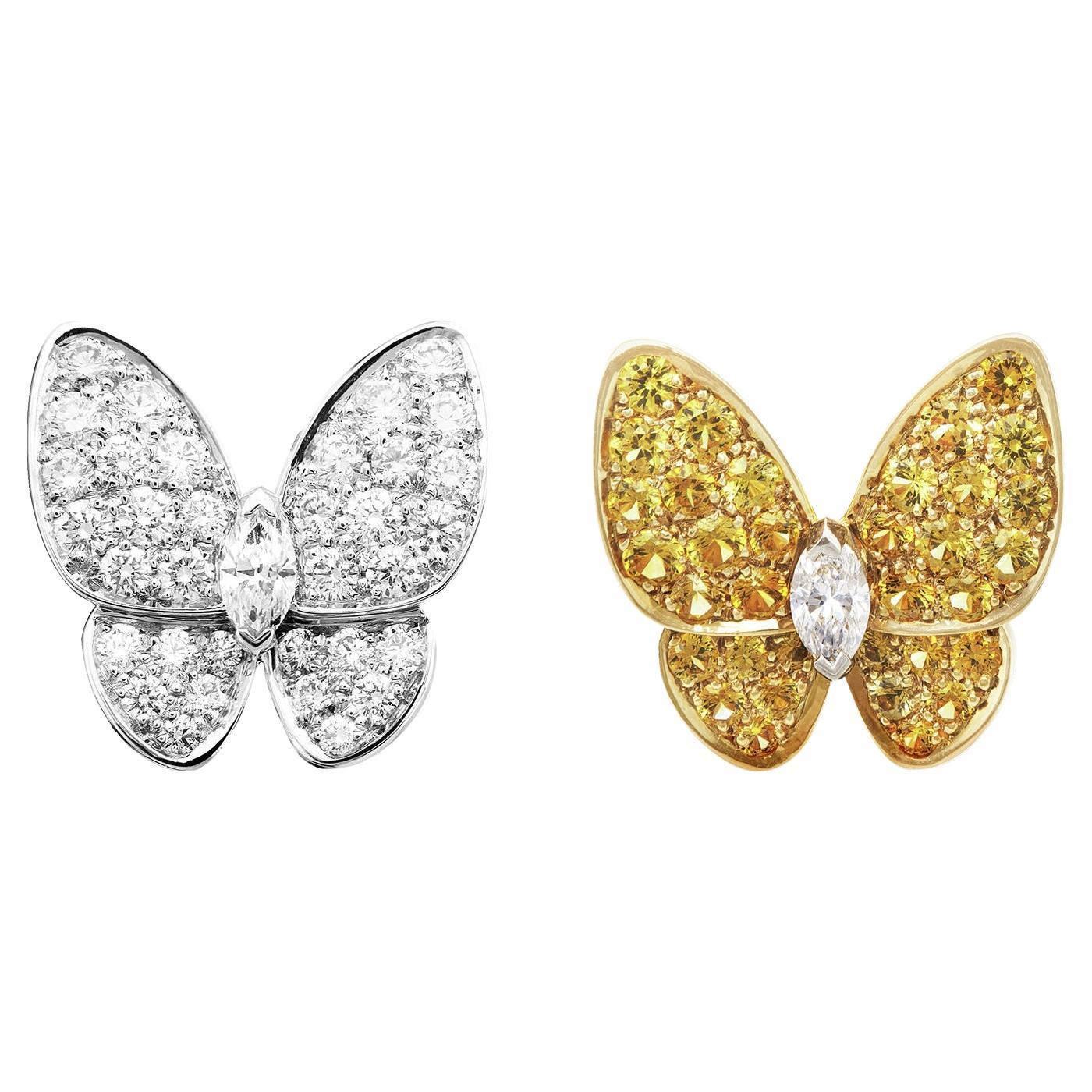 Van Cleef & Arpels 18K Yellow Gold Two Butterfly Diamond Sapphire Earrings