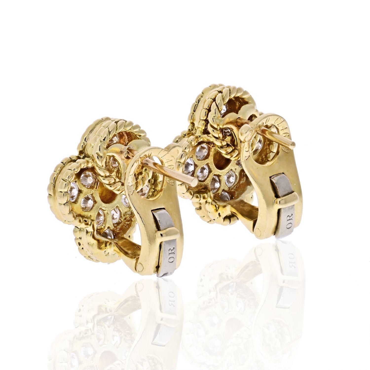 Modern Van Cleef & Arpels 18 Karat Yellow Gold Vintage Alhambra Diamond Earrings