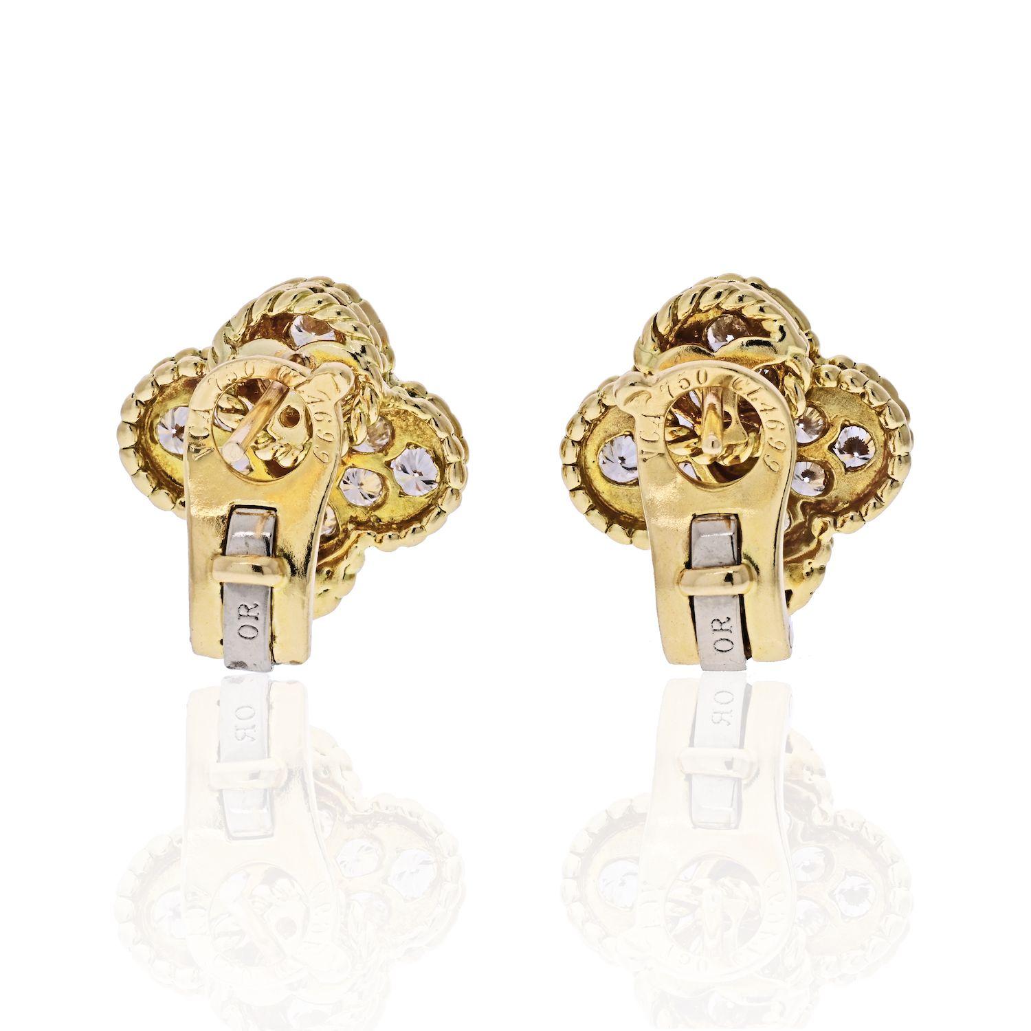 Round Cut Van Cleef & Arpels 18 Karat Yellow Gold Vintage Alhambra Diamond Earrings
