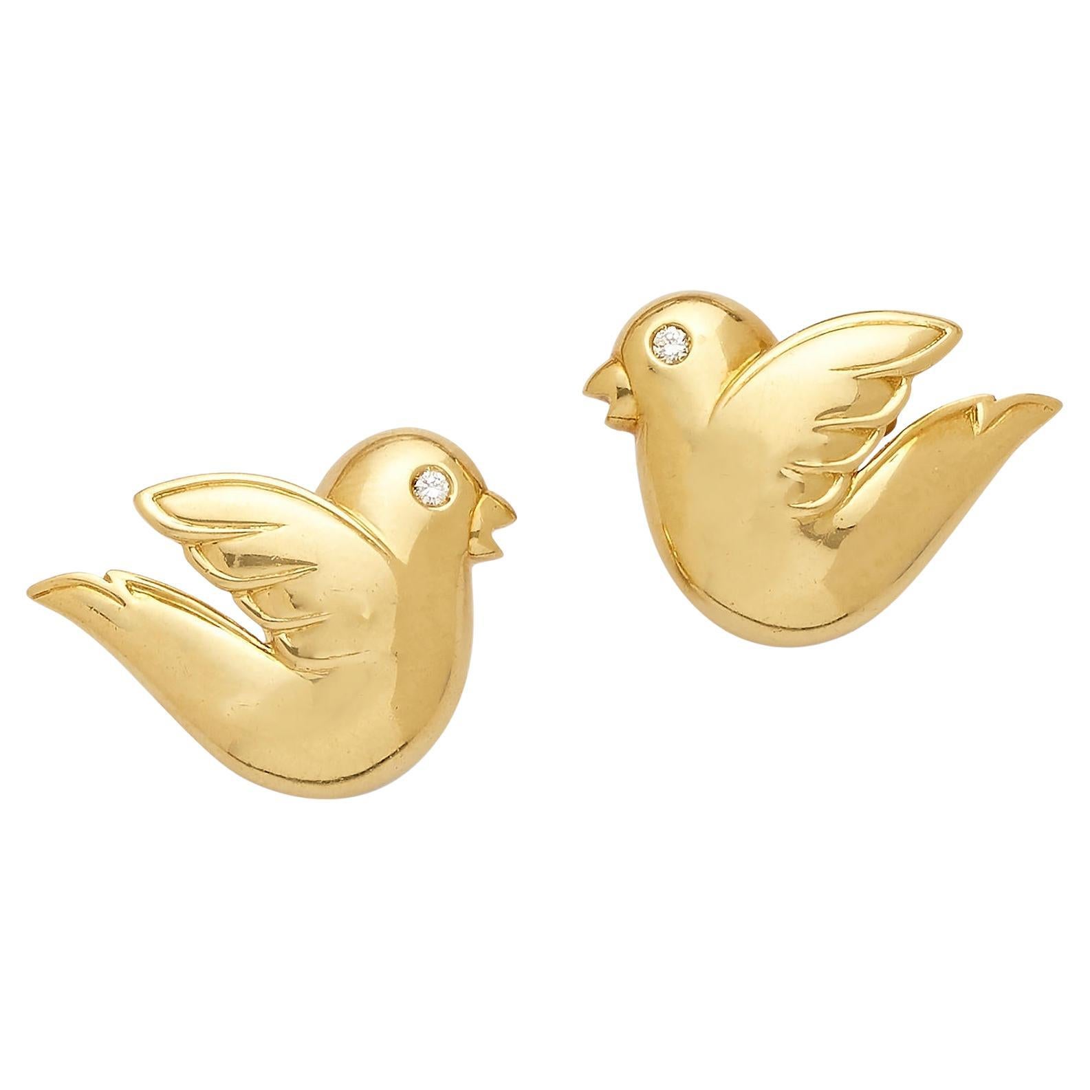 Van Cleef & Arpels 18k Yellow Gold Vintage Dove Ear Clips with Diamond Eyes