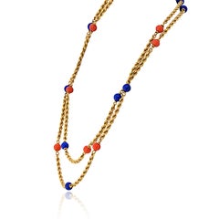 Van Cleef & Arpels 18K Yellow Gold Vintage Lapis And Coral 33 Inch Necklace