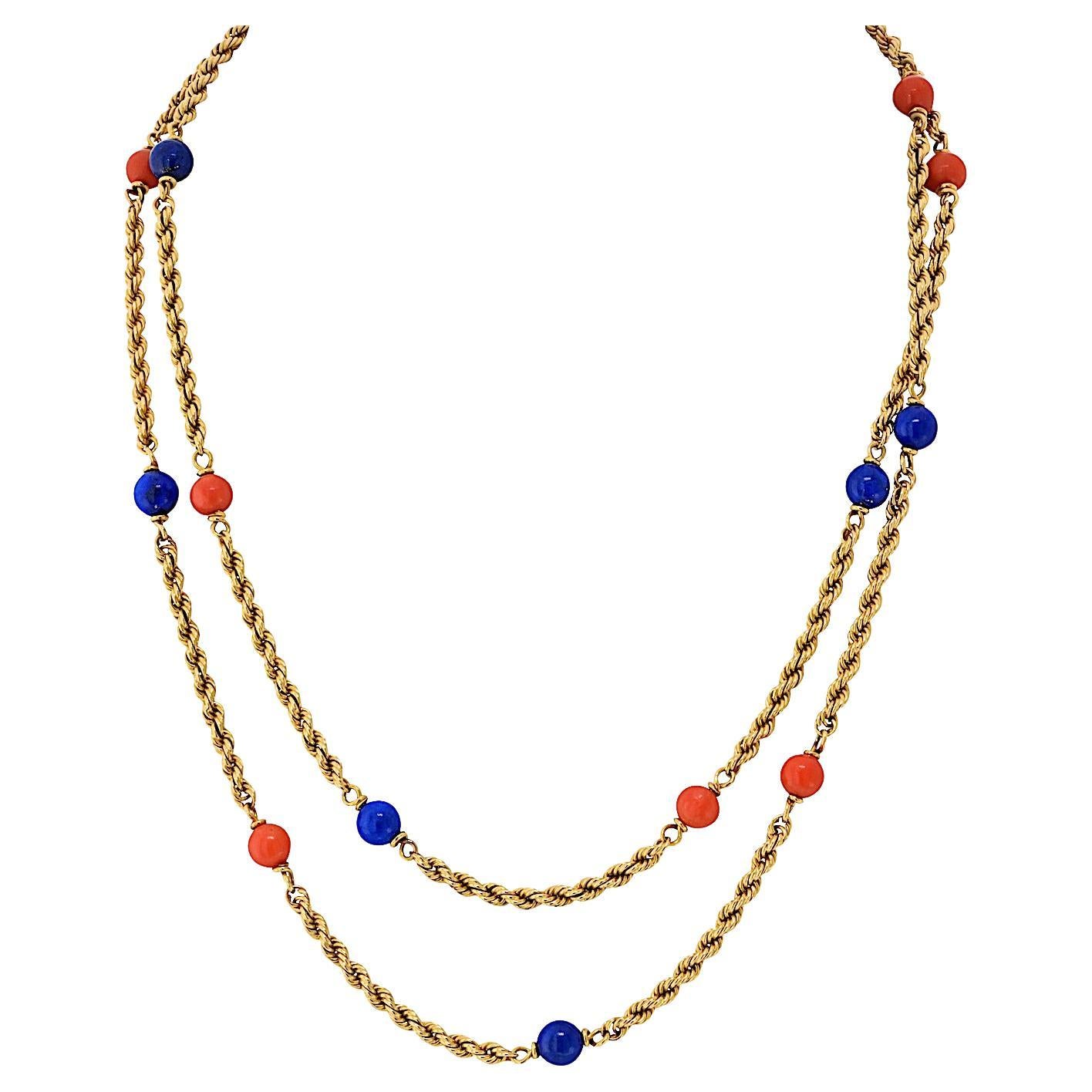 Van Cleef 
Arpels 18K Yellow Gold Vintage Lapis And Coral 33 Inch Necklace