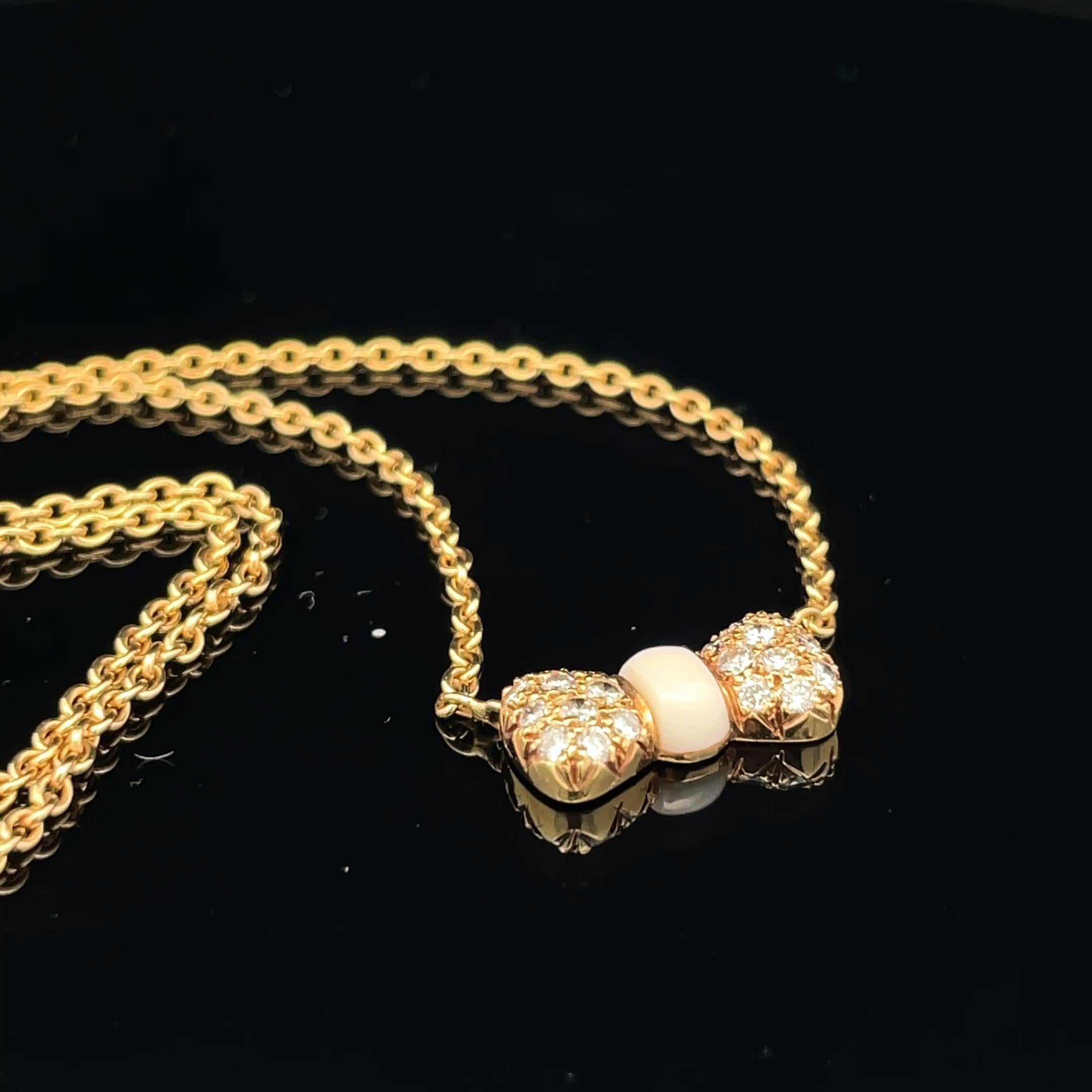 Van Cleef & Arpels 18k Yellow Gold White Coral & Diamond Bow Pendant Necklace For Sale 5