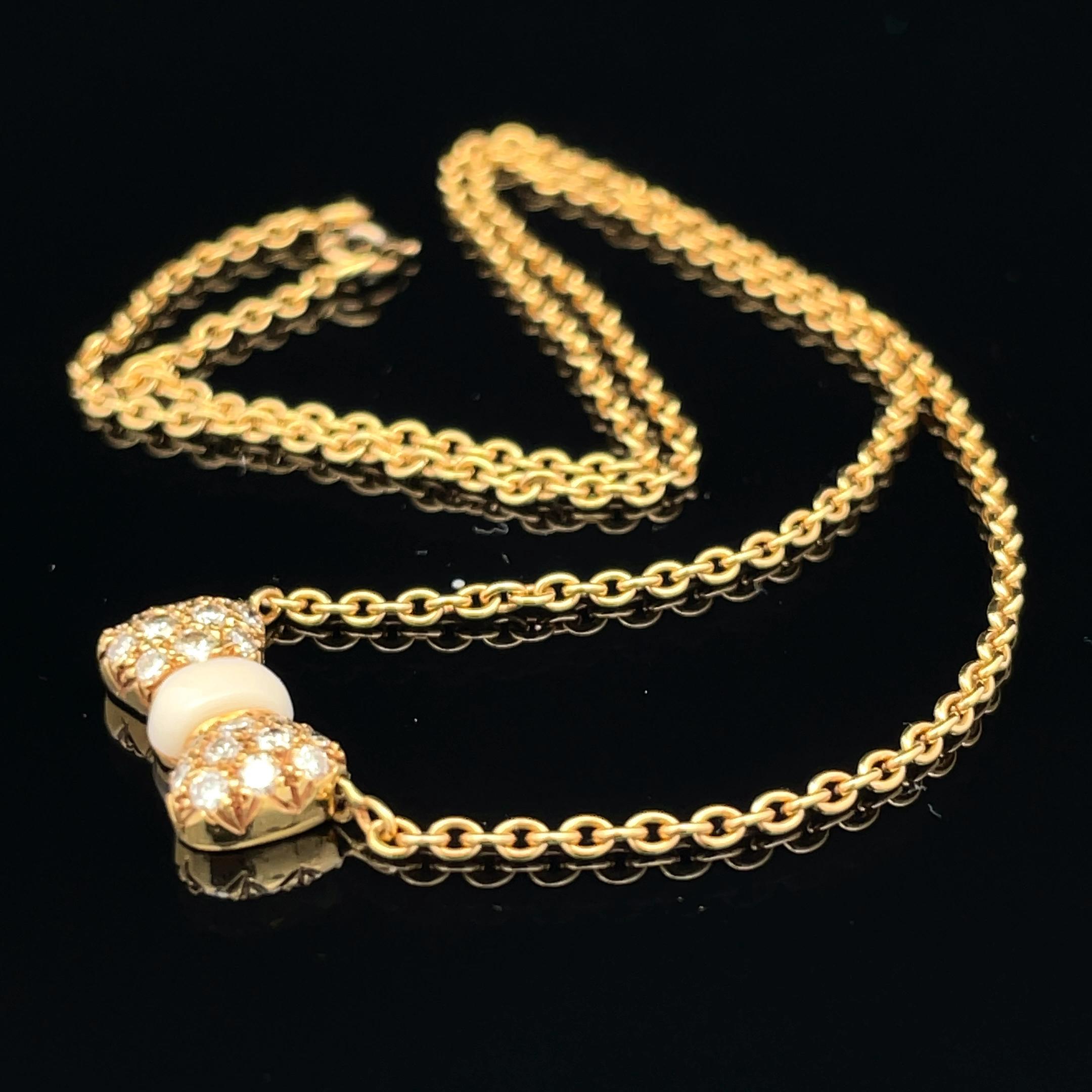 Van Cleef & Arpels 18k Yellow Gold White Coral & Diamond Bow Pendant Necklace In Excellent Condition For Sale In New York, NY