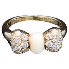 Van Cleef & Arpels 18k Yellow Gold White Coral & Diamond Bow Ring