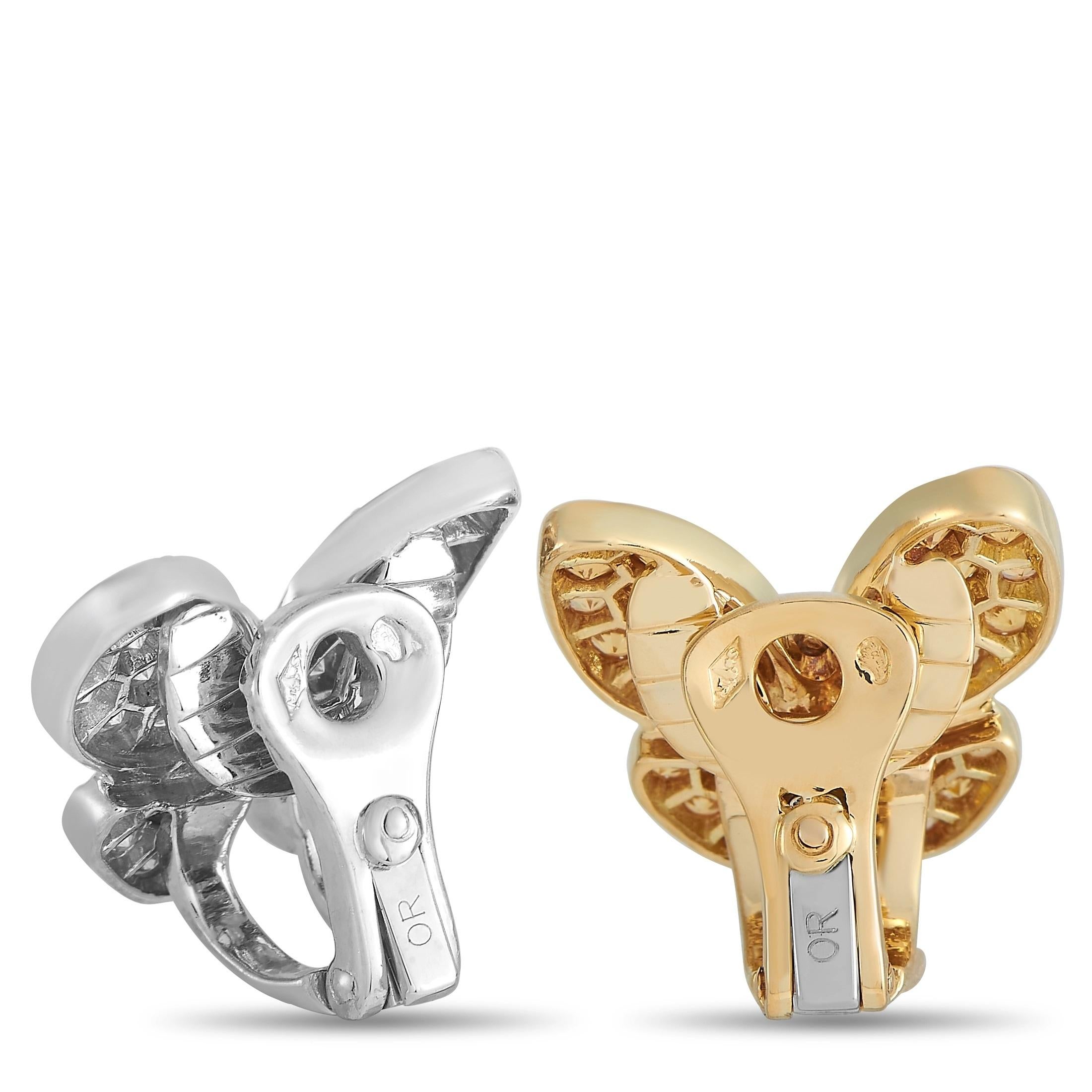 Dissimilar colors make these Van Cleef & Arpels butterfly earrings truly captivating to behold. Although one is crafted from 18K White Gold and one is crafted from 18K Yellow Gold, both feature a fabulous butterfly motif that measures 0.65” long and