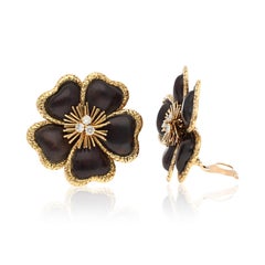 VAN CLEEF & ARPELS 18K Yellow Gold, Wood and Diamond Flower Ear Clips