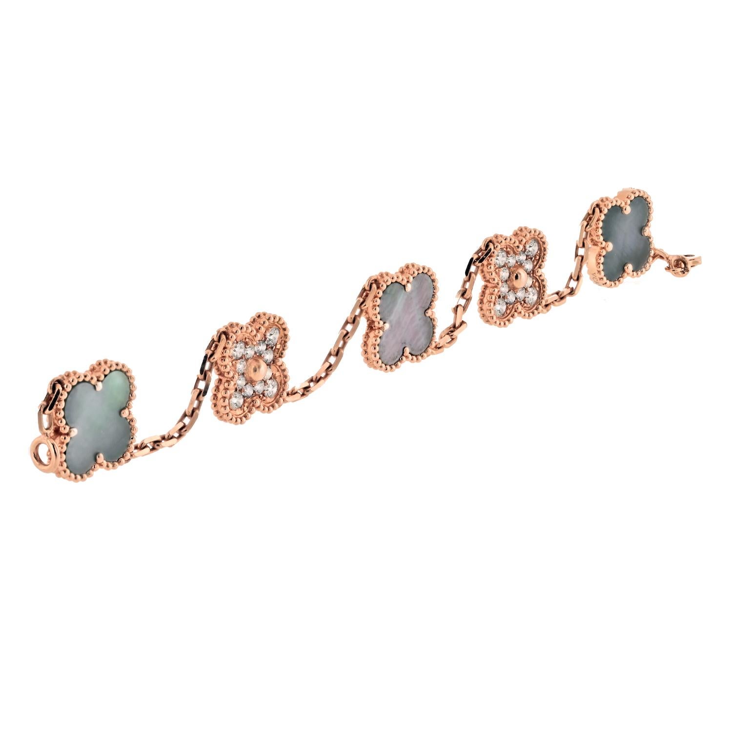 Modern Van Cleef & Arpels 18KR Gold 5 Motif Grey Mother Of Pearl And Diamond Bracelet