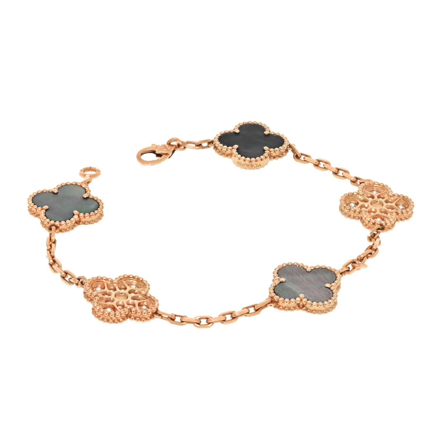 Round Cut Van Cleef & Arpels 18KR Gold 5 Motif Grey Mother Of Pearl And Diamond Bracelet