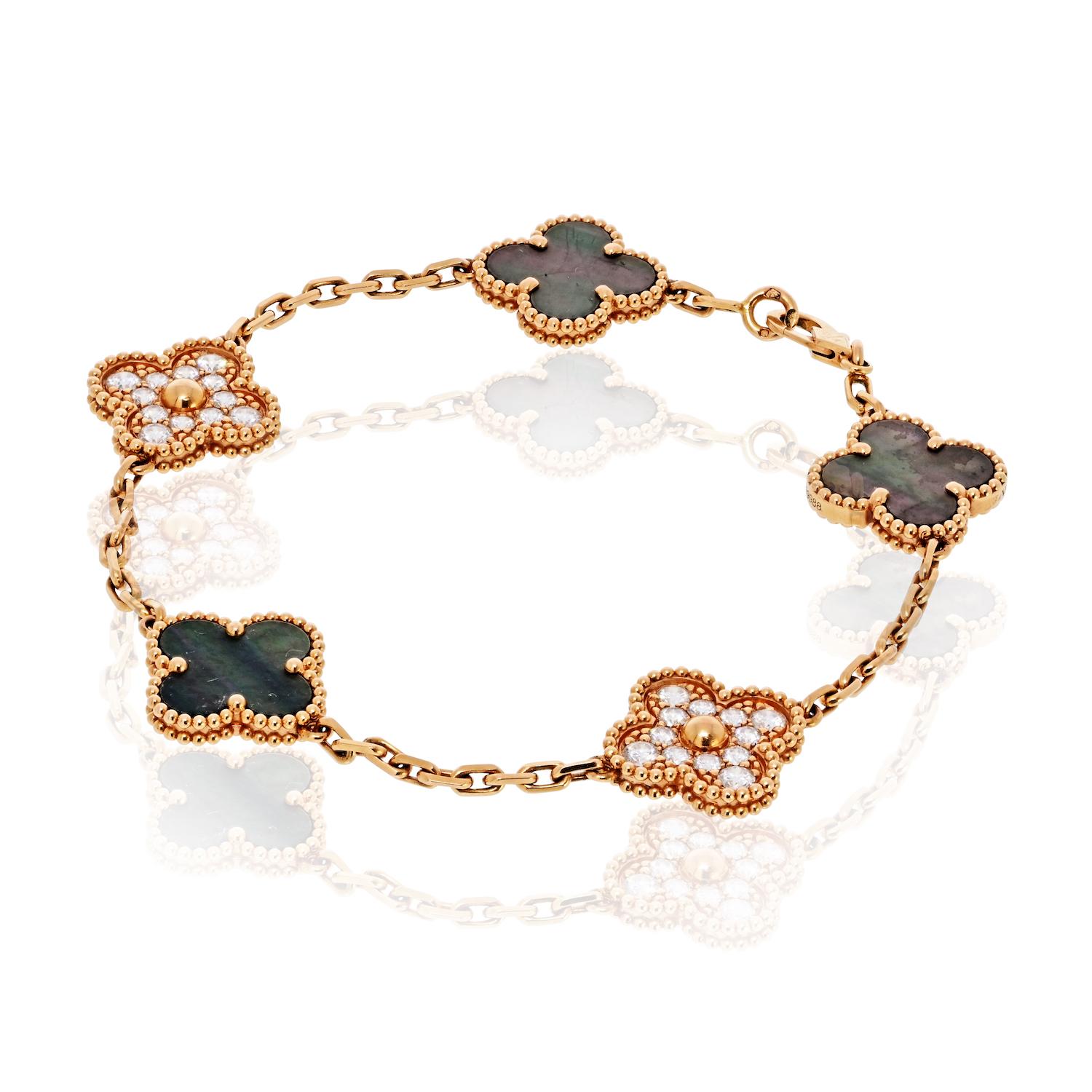 Round Cut Van Cleef & Arpels 18KR Gold 5 Motif Grey Mother Of Pearl And Diamond Bracelet For Sale