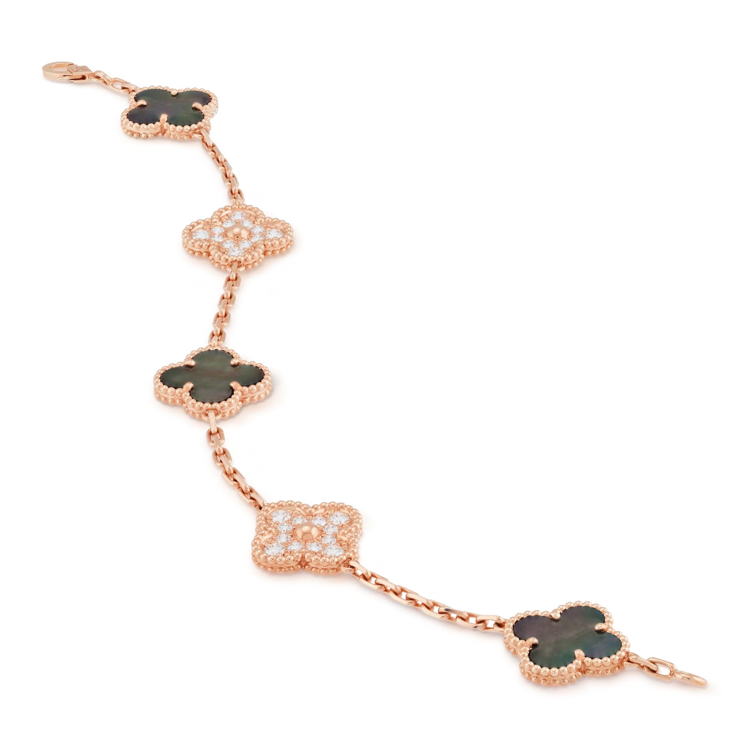 Women's Van Cleef & Arpels 18KR Gold 5 Motif Grey Mother Of Pearl And Diamond Bracelet