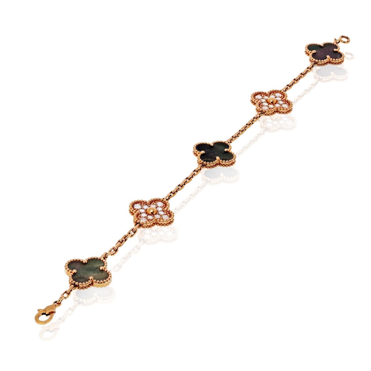 Van Cleef & Arpels 18KR Gold 5 Motif Grey Mother Of Pearl And Diamond Bracelet For Sale 1