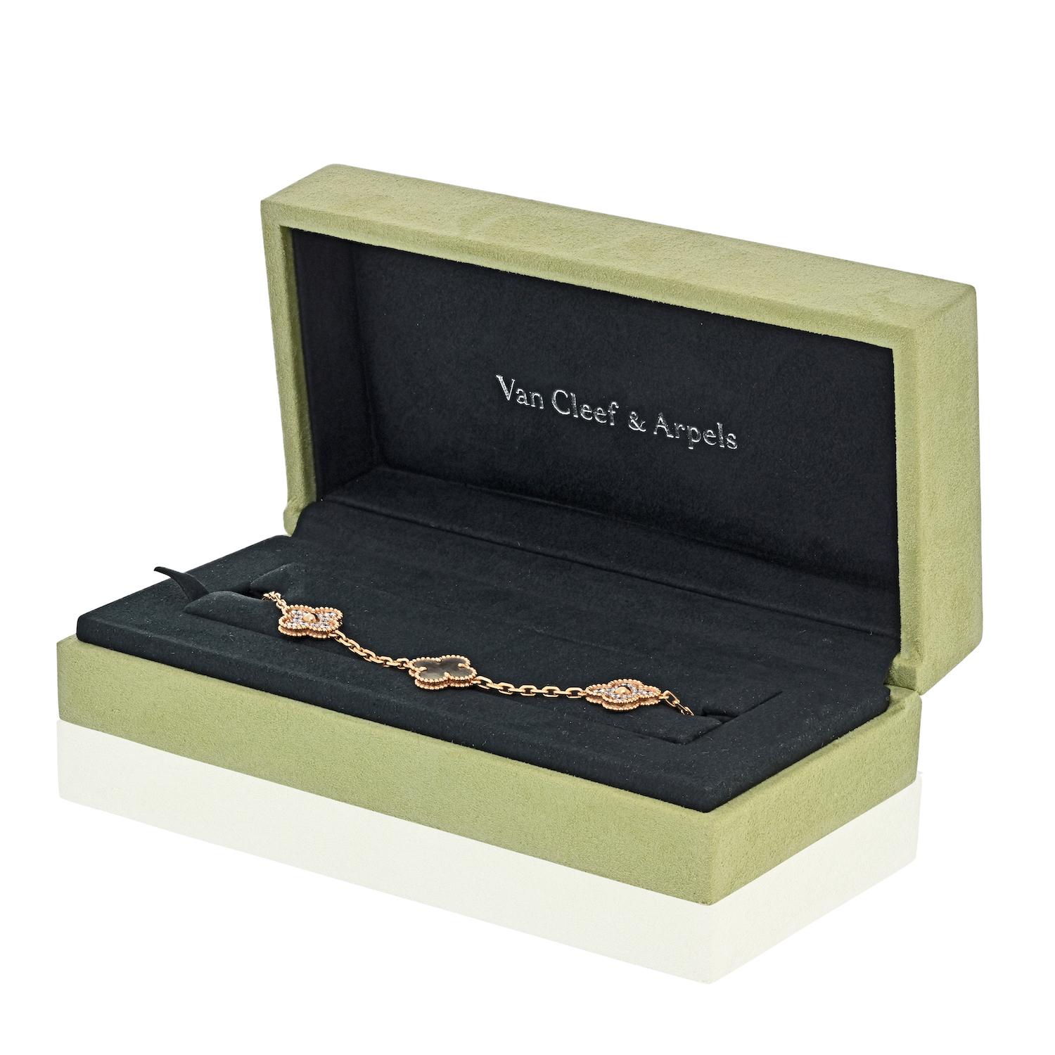 Van Cleef & Arpels 18KR Gold 5 Motif Grey Mother Of Pearl And Diamond Bracelet For Sale 2