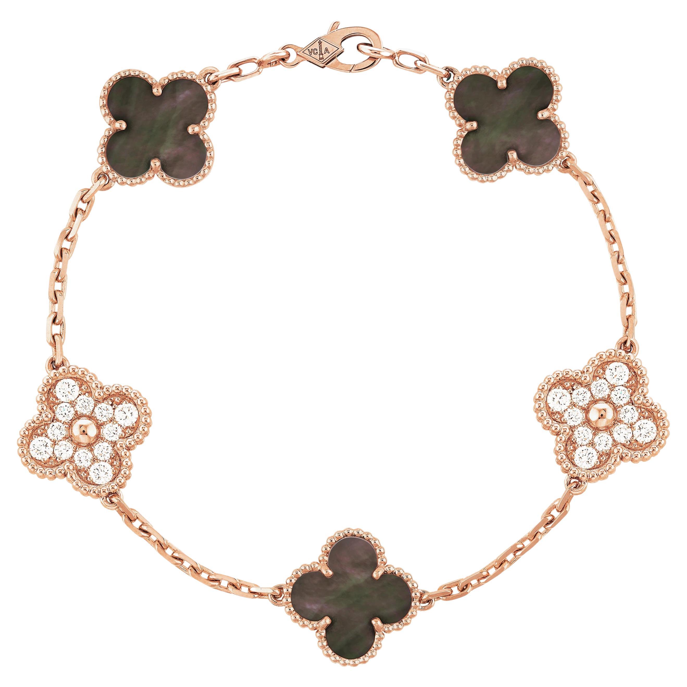 Van Cleef & Arpels 18KR Gold 5 Motif Grey Mother Of Pearl And Diamond Bracelet For Sale