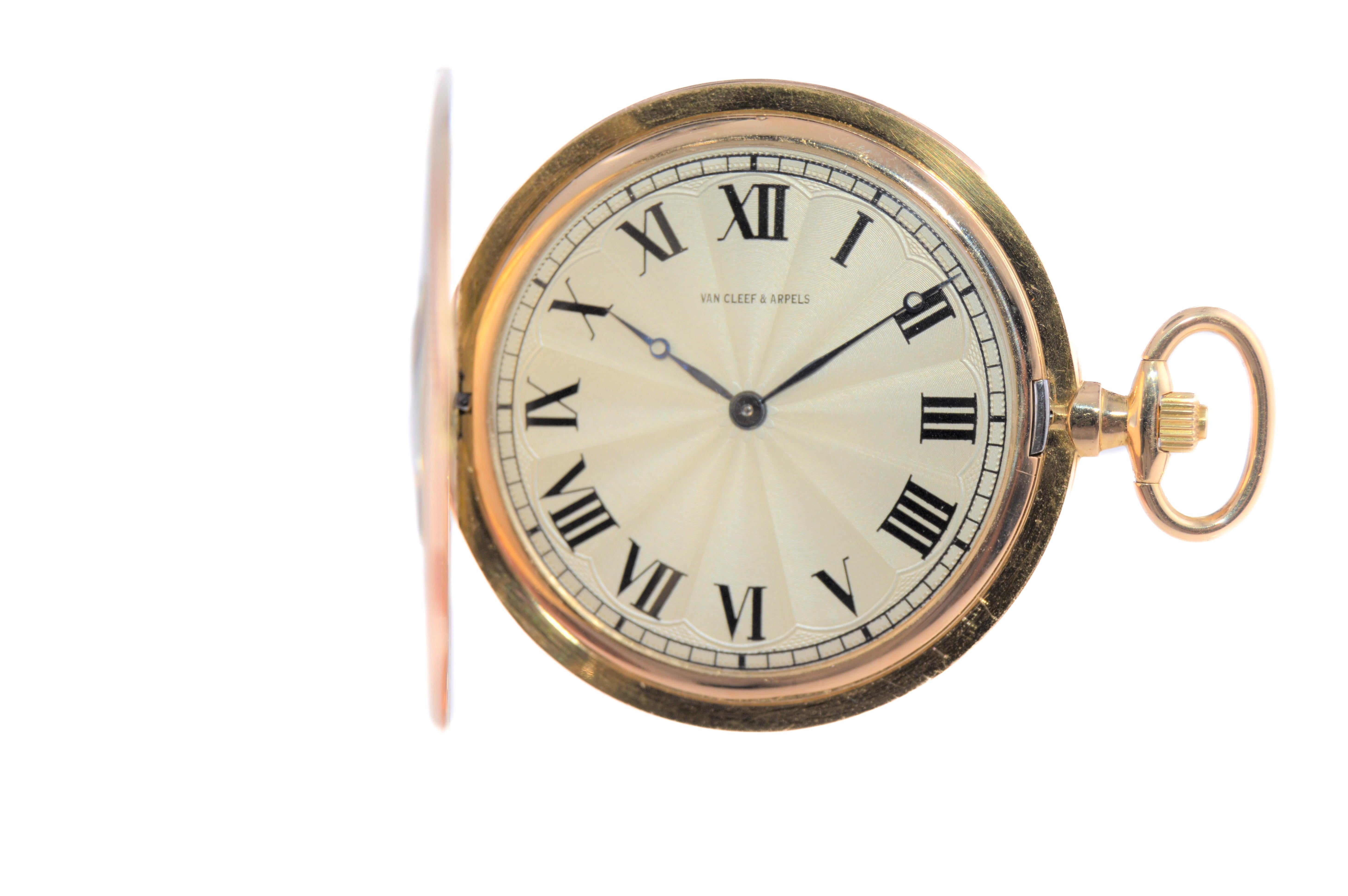 FACTORY / HOUSE: Van Cleef & Arpels 
STYLE / REFERENCE: 1/2 Hunter Pocket Watch / Ultra Thin
METAL / MATERIAL: 18Kt. Yellow Gold
CIRCA / YEAR: 1930's
DIMENSIONS / SIZE: Diameter 54mm
MOVEMENT / CALIBER: Manual Winding / 17 Jewels 
DIAL / HANDS: