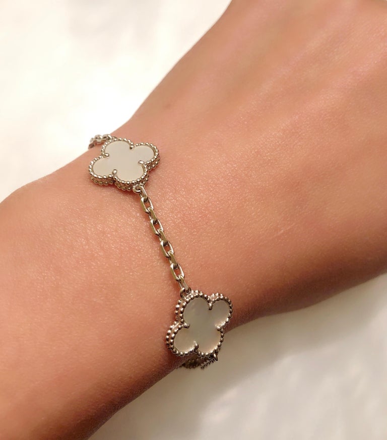 Van Cleef and Arpels 18 Karat White Gold 5 Motif Bracelet Mother of Pearl Vintage at 1stDibs