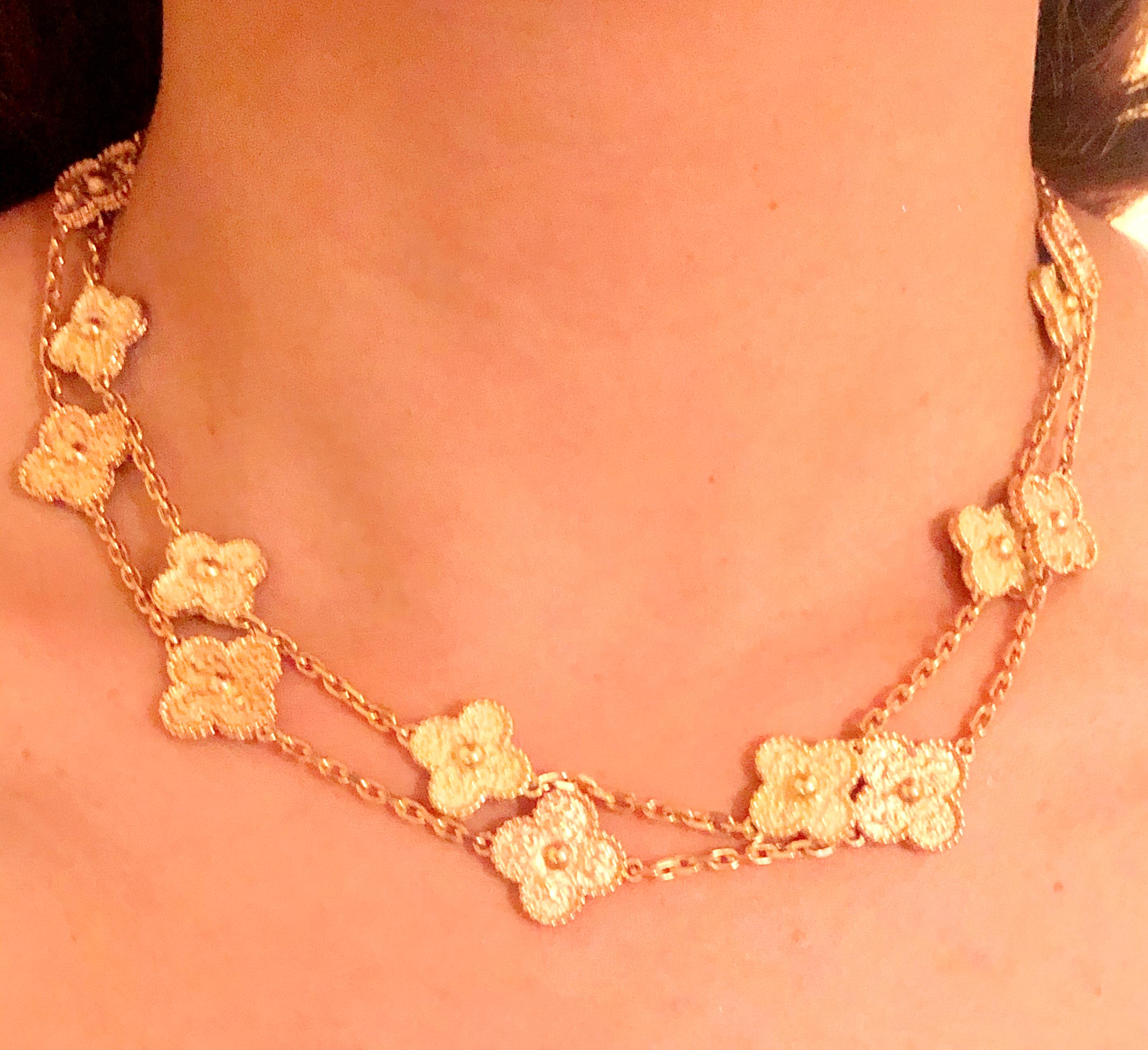 Van Cleef & Arpels 18Kt Yellow Gold Alhambra 10 Motifs Necklace. Two available, price and listing is for one necklace. 
Faithful to the very first Alhambra® jewel created in 1968, the Vintage Alhambra creations by Van Cleef & Arpels are