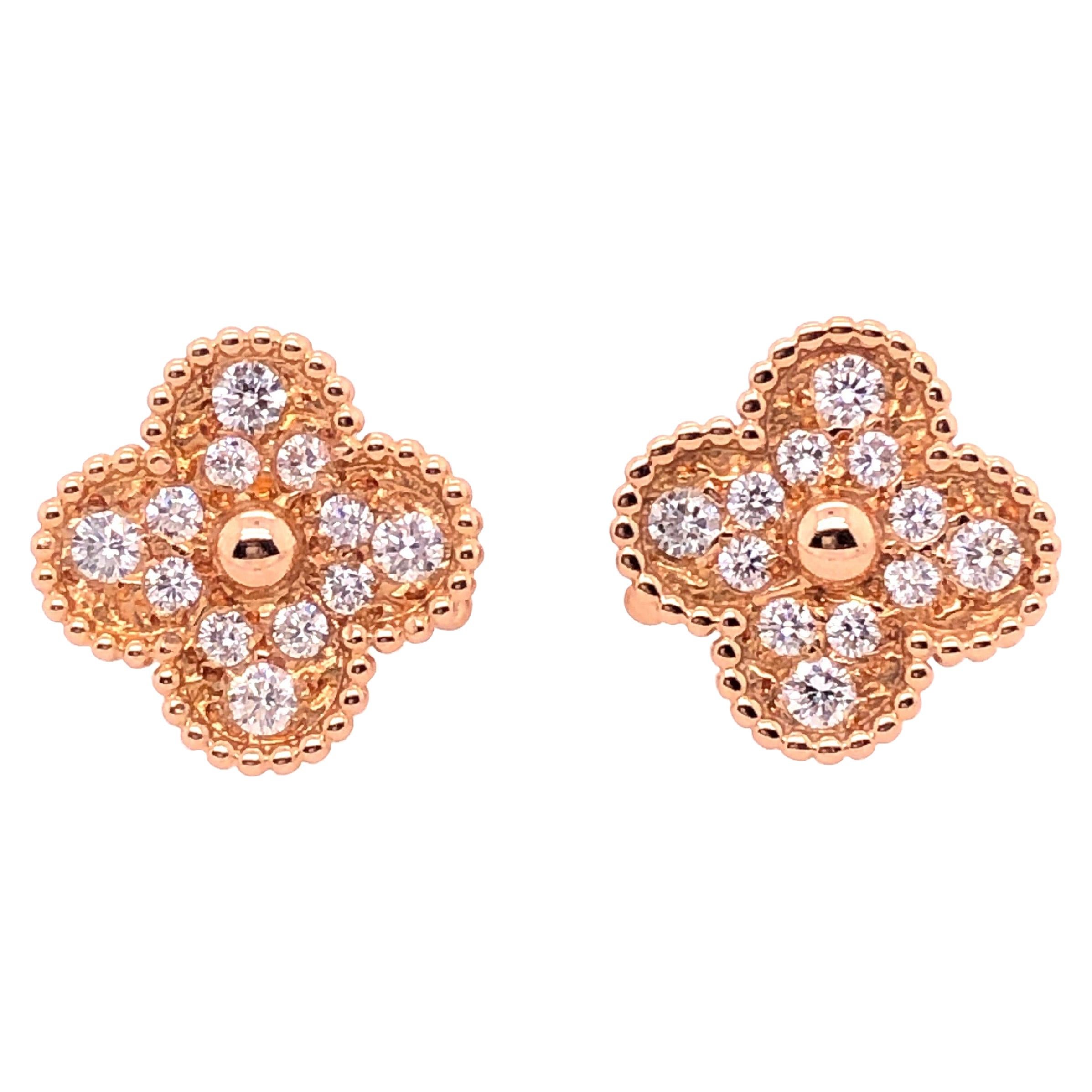 Modern Van Cleef & Arpels 18 Karat Yellow Rose Gold Alhambra Diamond Earrings
