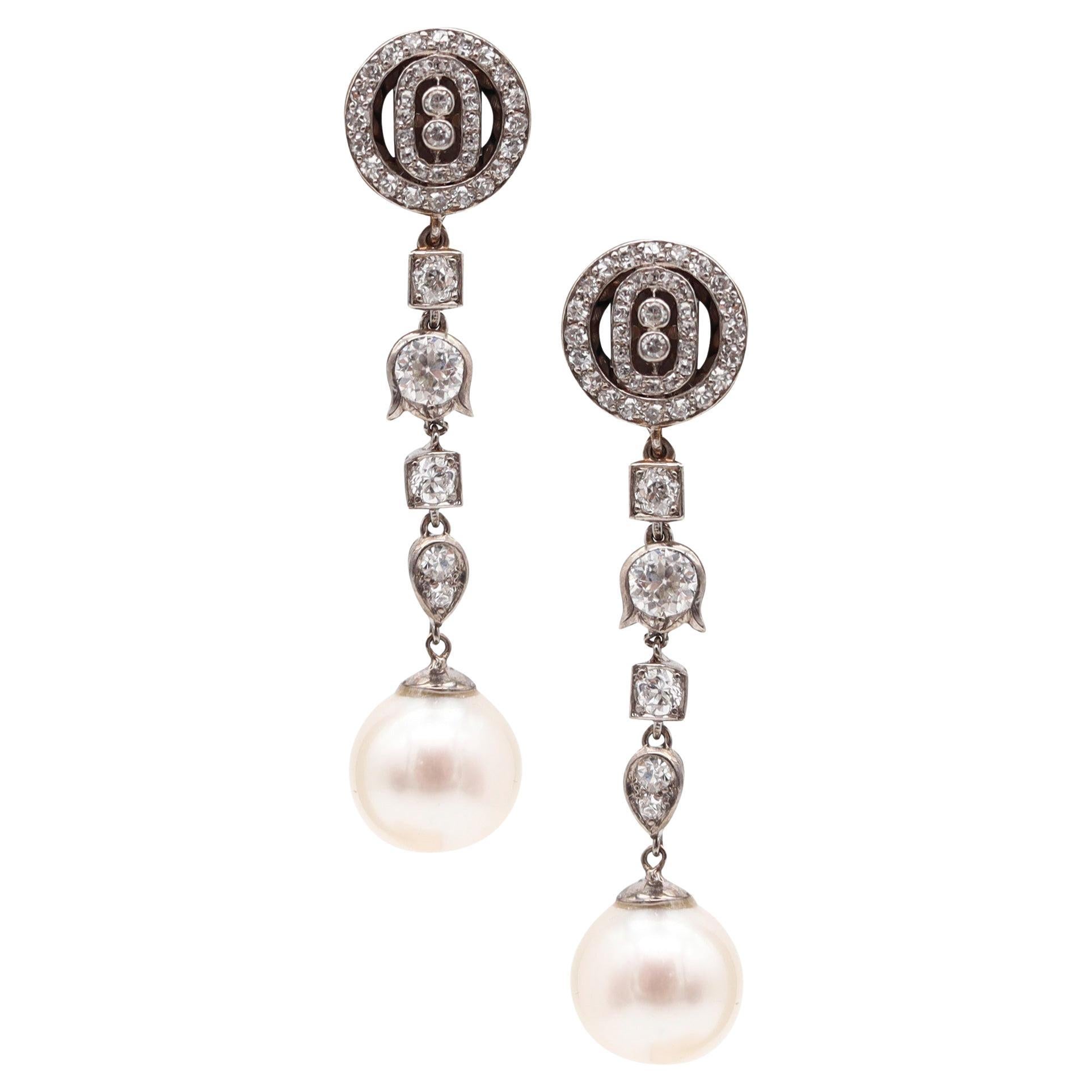 VAN CLEEF & ARPELS 1930 Art Deco Dangle Earrings With Euro Diamonds And Pearls in vendita