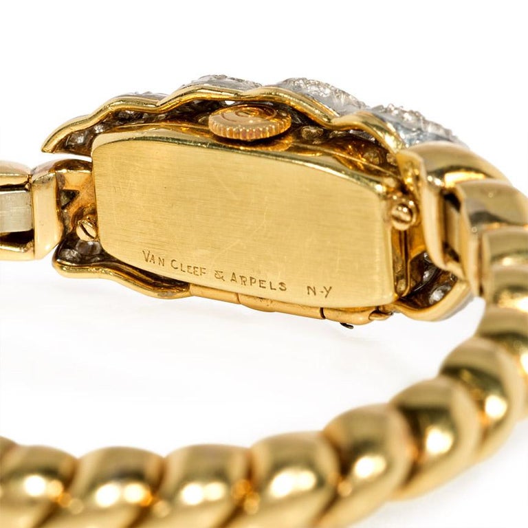 Van Cleef & Arpels 1950s Gold and Diamond Covered Watch Bracelet In Good Condition For Sale In New York, NY