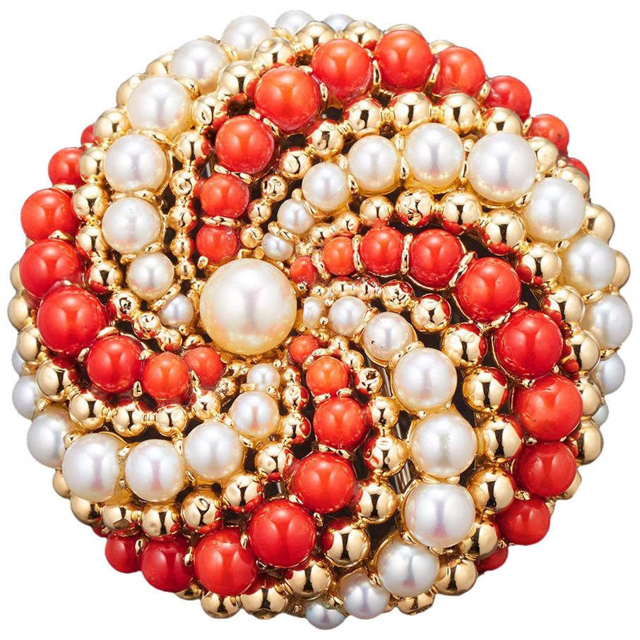Van Cleef & Arpels 1960s Brooch-Pendant Coral, Pearls and 18 Karat Gold For Sale