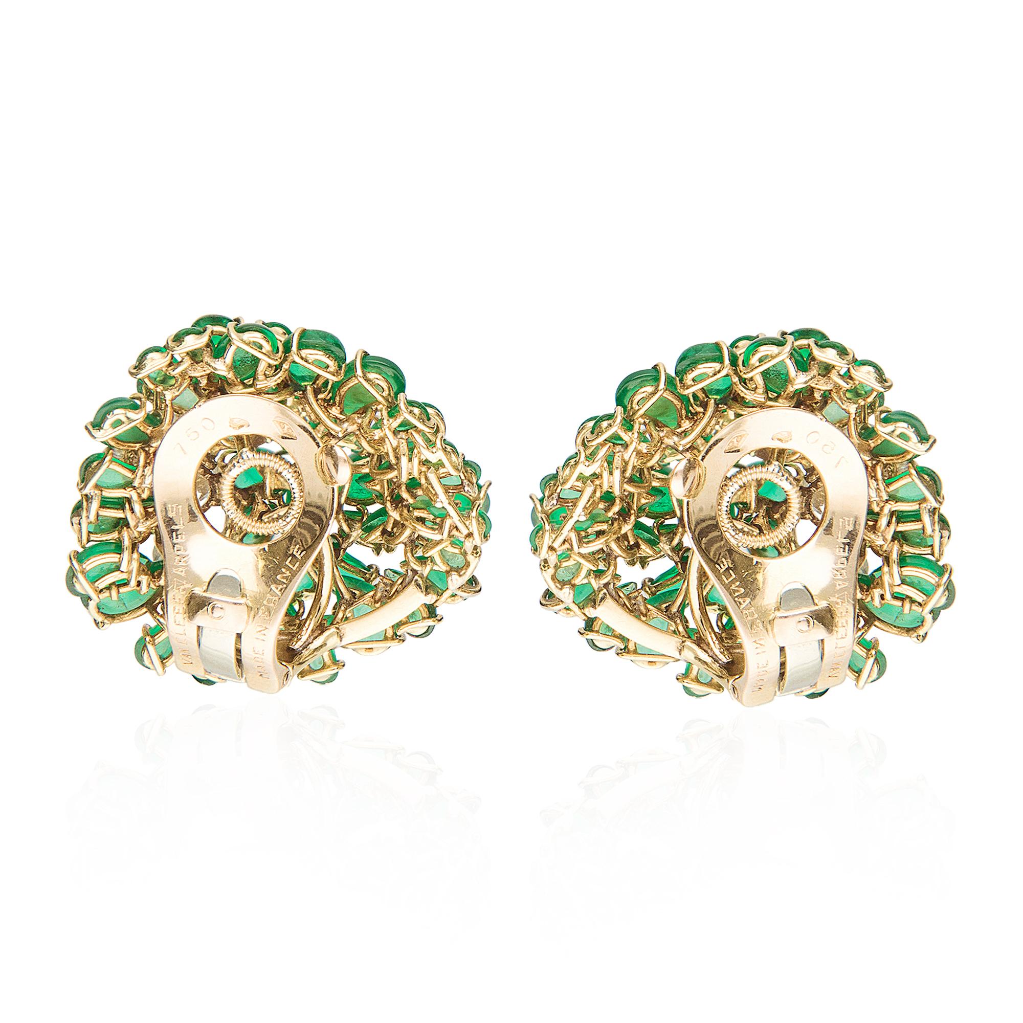 Featuring this beautiful earrings created by Van Cleef & Arpels, made in France. The earrings are made of 18k yellow gold and feature Paisley-shaped cabochon emeralds weighing approximately 18 carats. They are secured by clip-on backs. 

There are