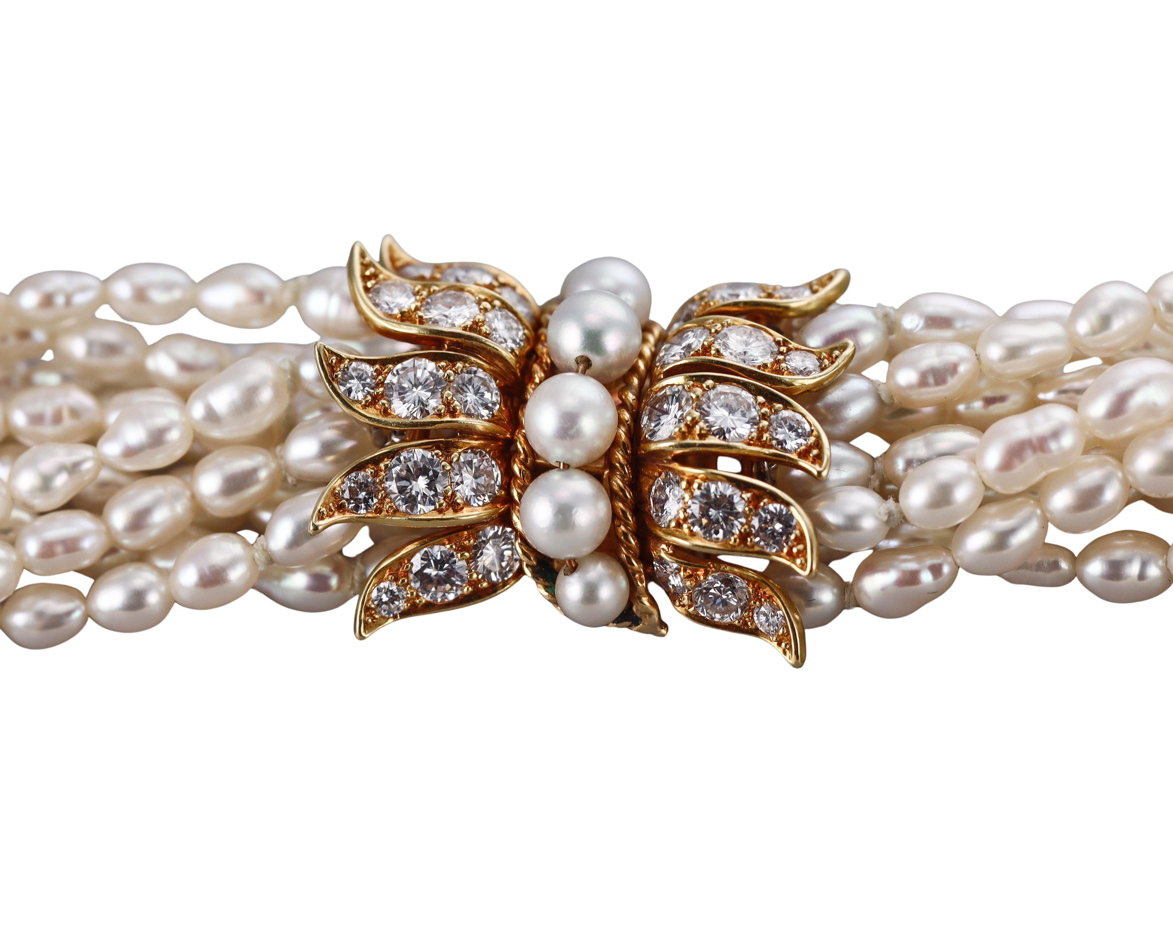Van Cleef & Arpels 1960er Jahre Mehrreihige Halskette aus Gelbgold mit Perlen und Diamanten im Zustand „Hervorragend“ im Angebot in New York, NY