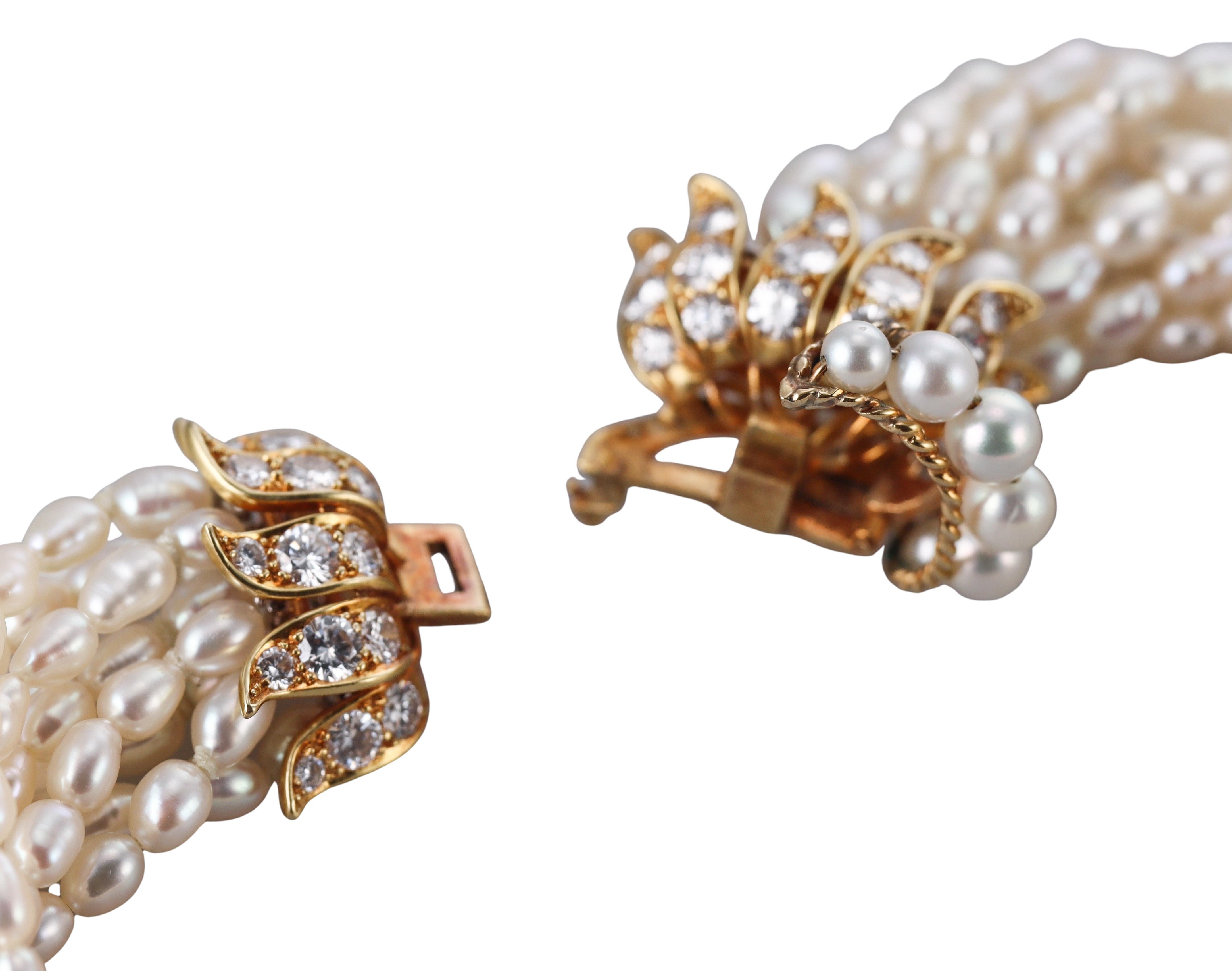 Van Cleef & Arpels 1960er Jahre Mehrreihige Halskette aus Gelbgold mit Perlen und Diamanten im Angebot 1