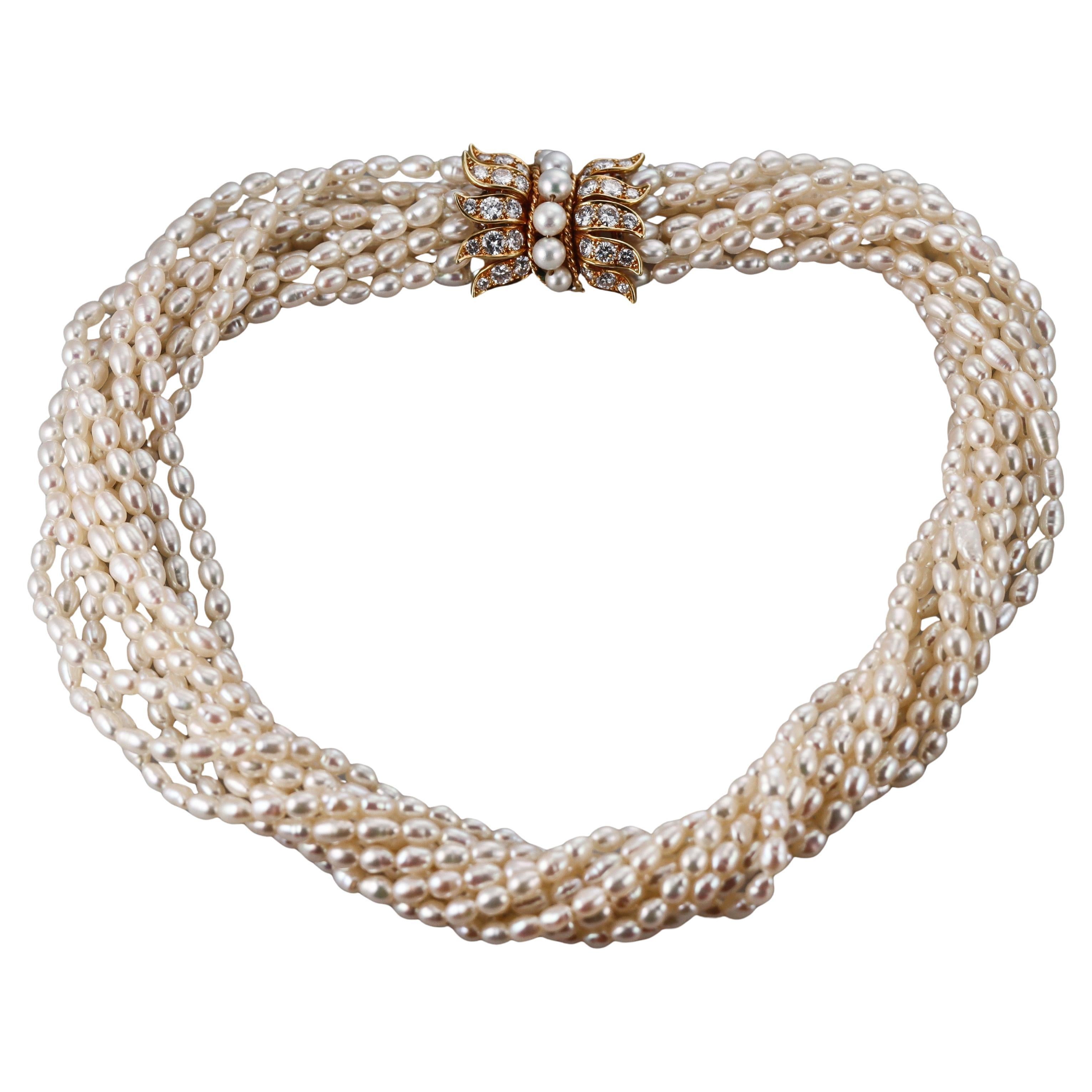 Van Cleef & Arpels 1960er Jahre Mehrreihige Halskette aus Gelbgold mit Perlen und Diamanten