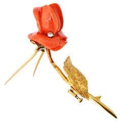 Van Cleef & Arpels 1965 Vintage 18K Yellow Gold Coral Rose Brooch
