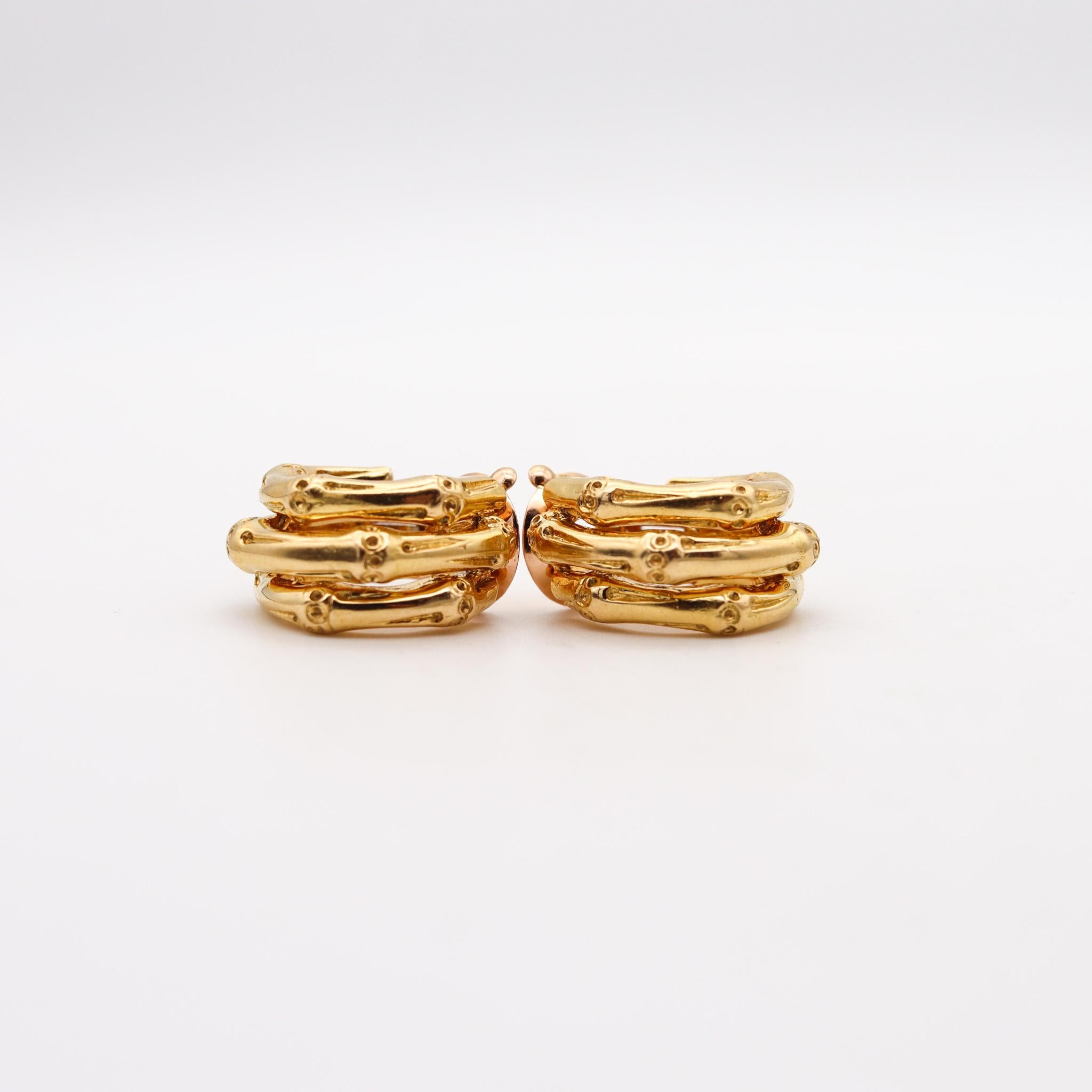 Modernist Van Cleef & Arpels 1967 Paris Bambo Clips-On Earrings In Solid 18Kt Yellow Gold