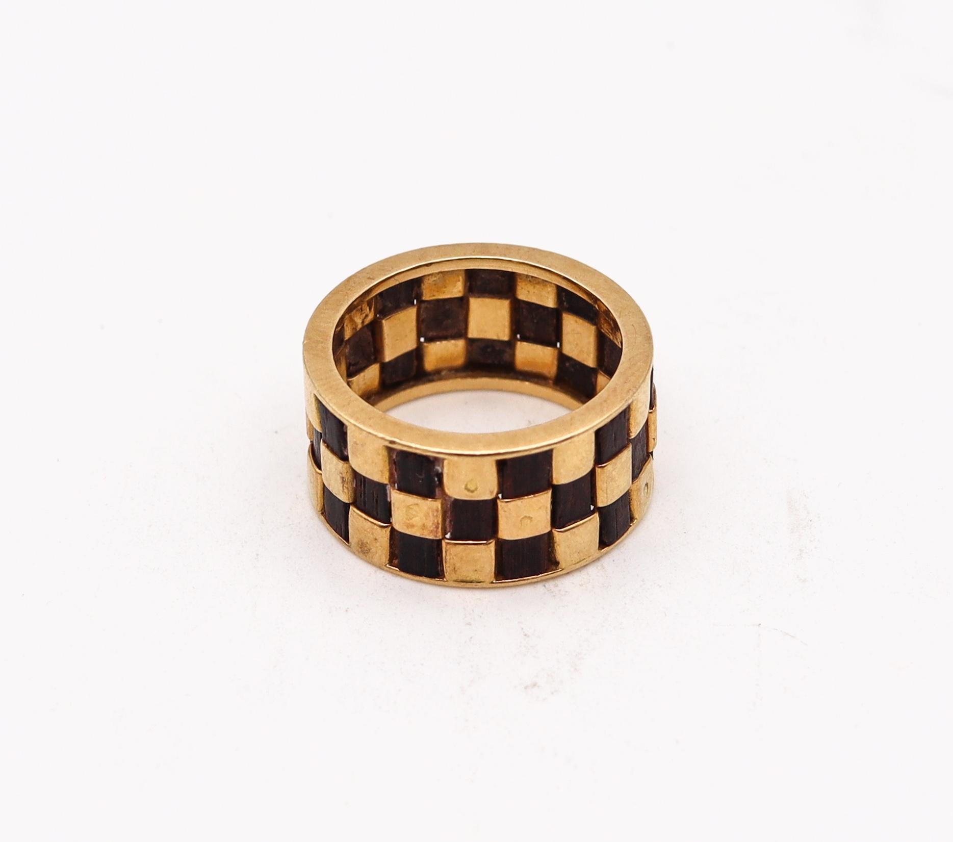 Modern Van Cleef & Arpels 1970 Paris Checkerboard Wood Ring in 18Kt Yellow Gold