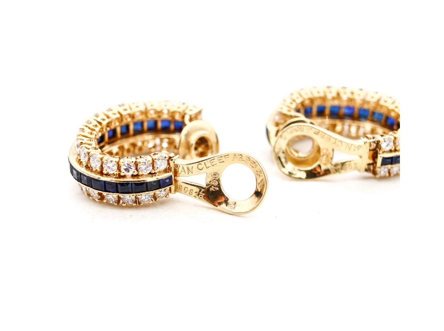 Van Cleef & Arpels 1970 Paris Clip Earrings 18Kt Gold 9.04 Ct Diamonds Sapphires In Excellent Condition In Miami, FL