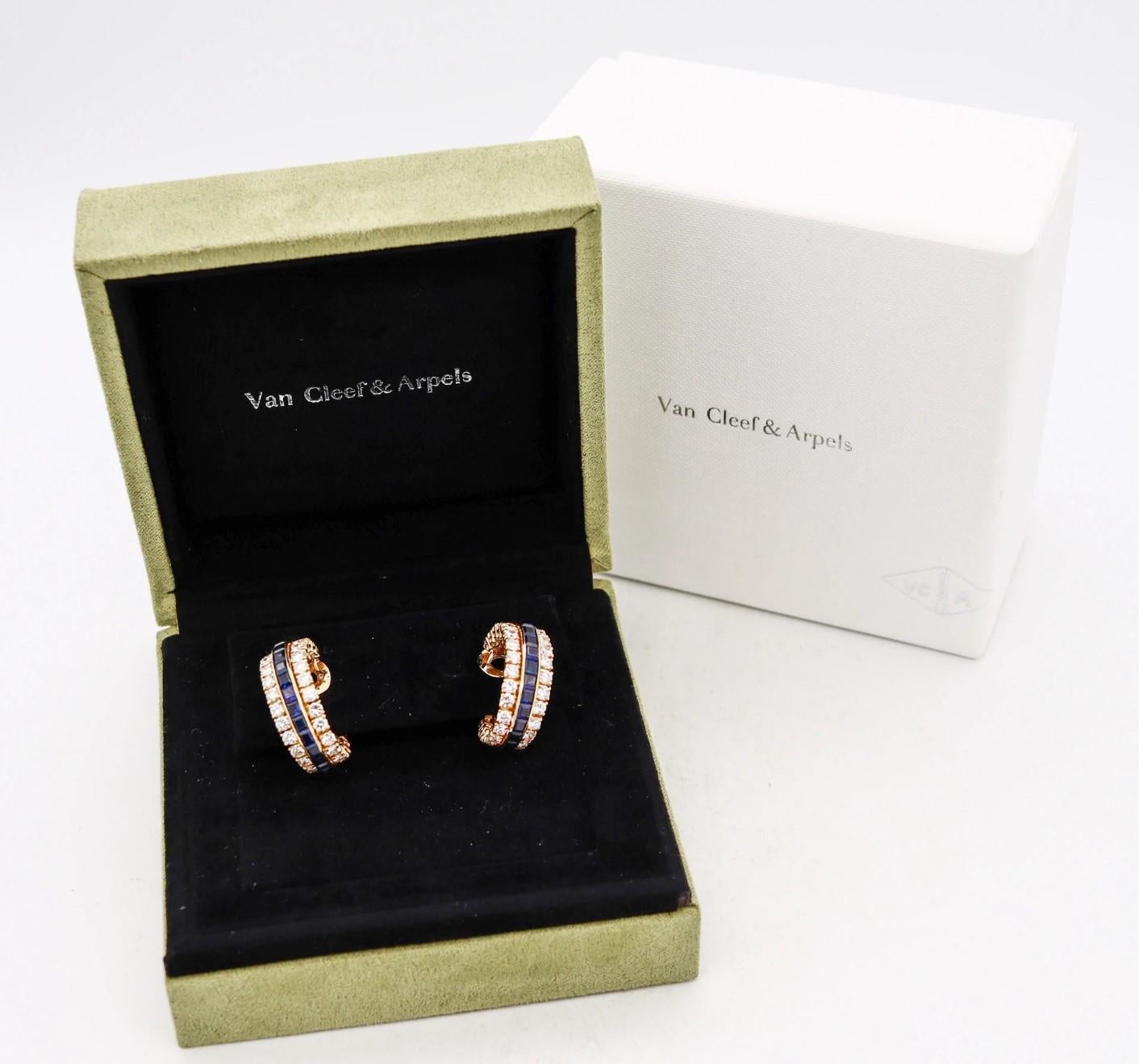 Women's Van Cleef & Arpels 1970 Paris Clip Earrings 18Kt Gold 9.04 Ct Diamonds Sapphires