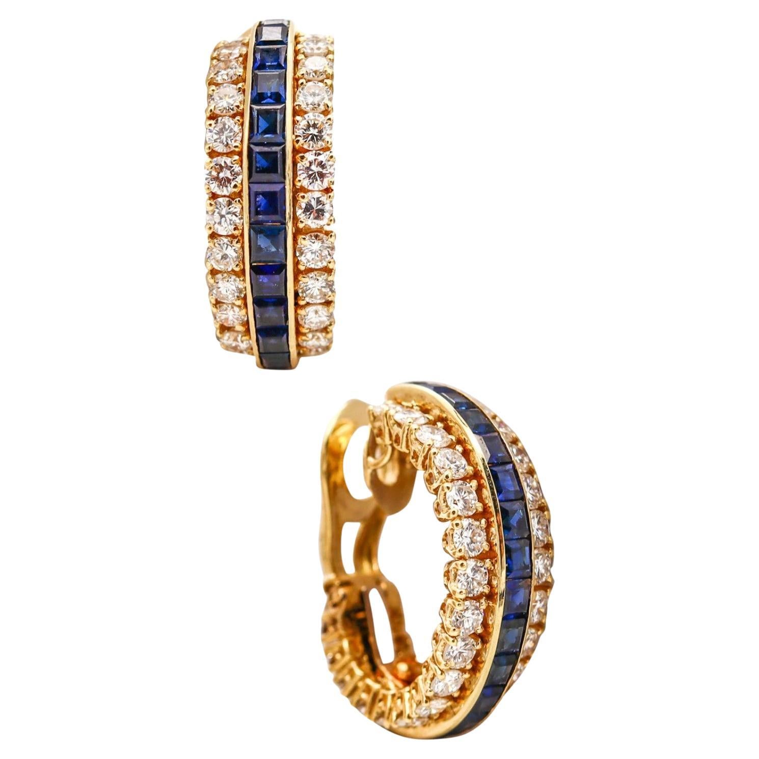 Van Cleef & Arpels 1970 Paris Clip Earrings 18Kt Gold 9.04 Ct Diamonds Sapphires
