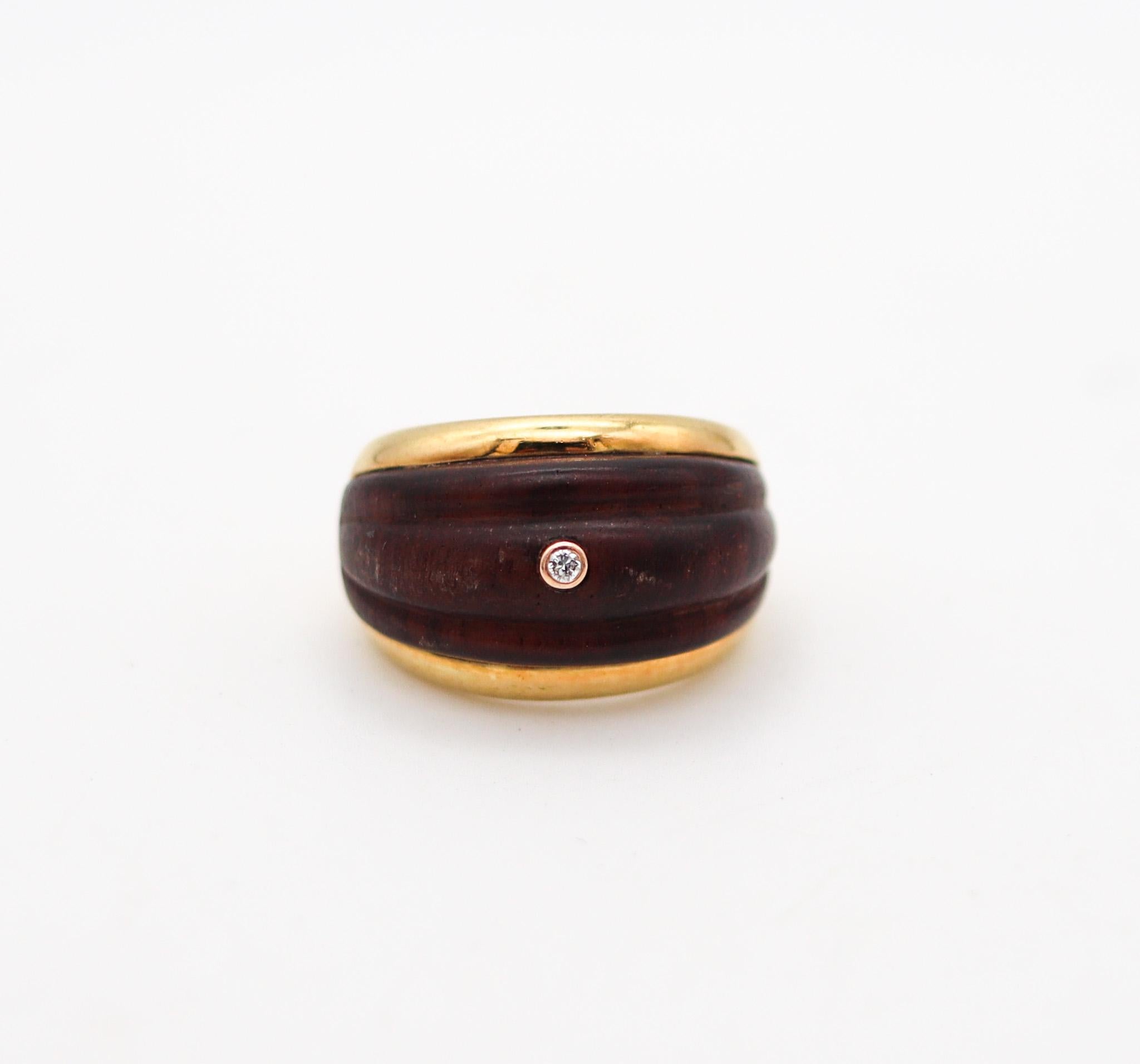 Modernist Van Cleef & Arpels 1970 Paris Wood Cocktail Ring In 18Kt Yellow Gold And Diamond For Sale