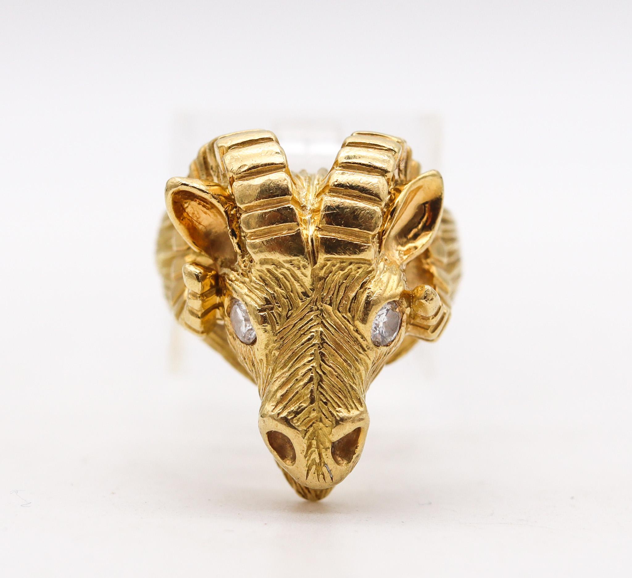 Taurus zodiac ring designed by Van Cleef & Arpels.

Very rare zodiacal ring, created by the jewelry house of Van Cleef & Arpels, back in the 1970. This ring was made up in the shape of a stylized ram for Taurus. Crafted with great details in
