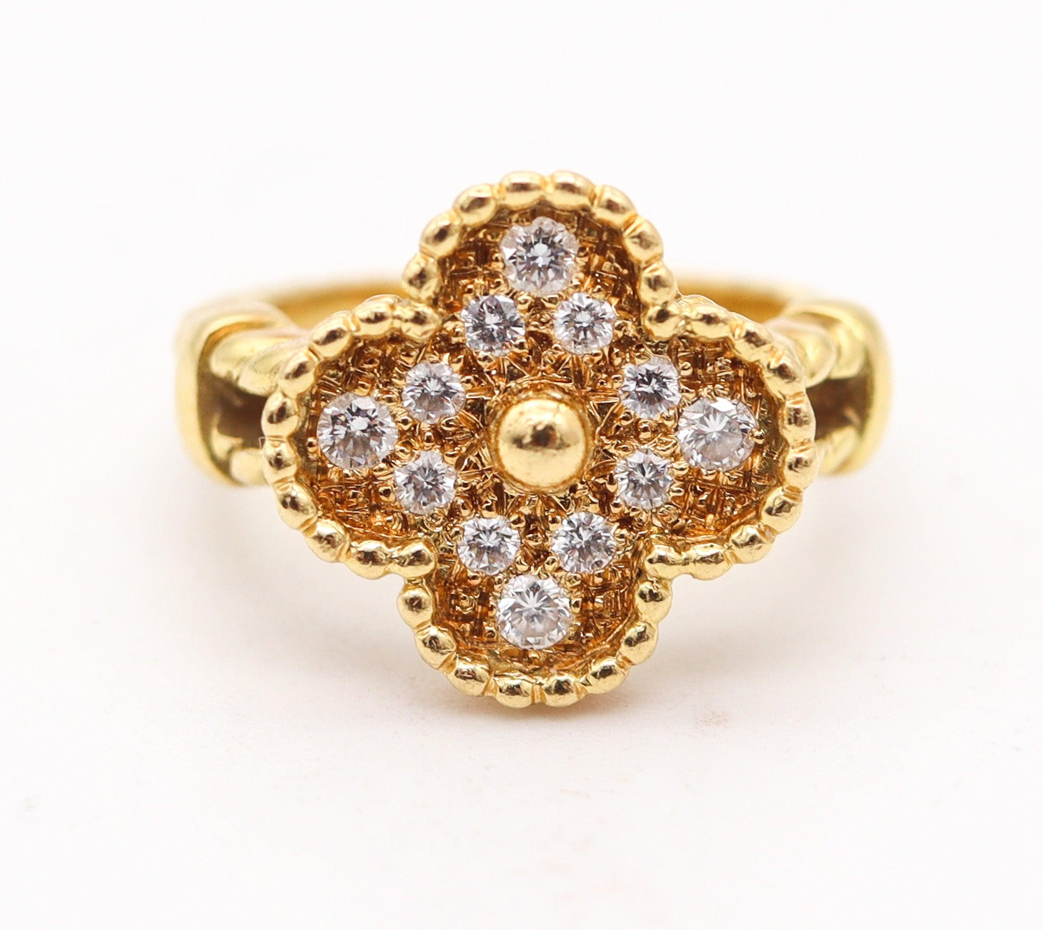Modernist VAN CLEEF & ARPELS 1970 Vintage Alhambra Ring In 18Kt Yellow Gold With Diamonds For Sale