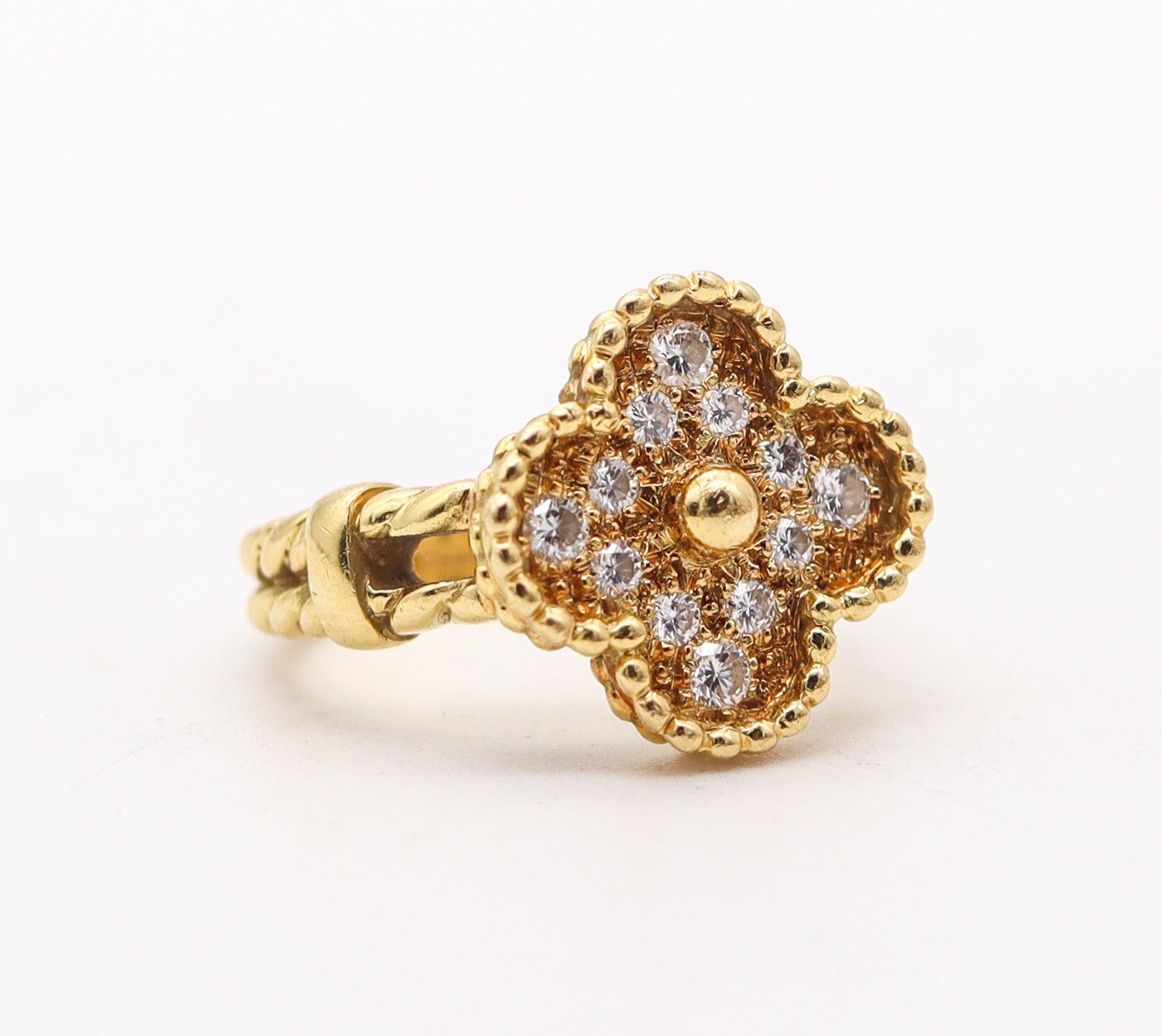 Brilliant Cut VAN CLEEF & ARPELS 1970 Vintage Alhambra Ring In 18Kt Yellow Gold With Diamonds For Sale
