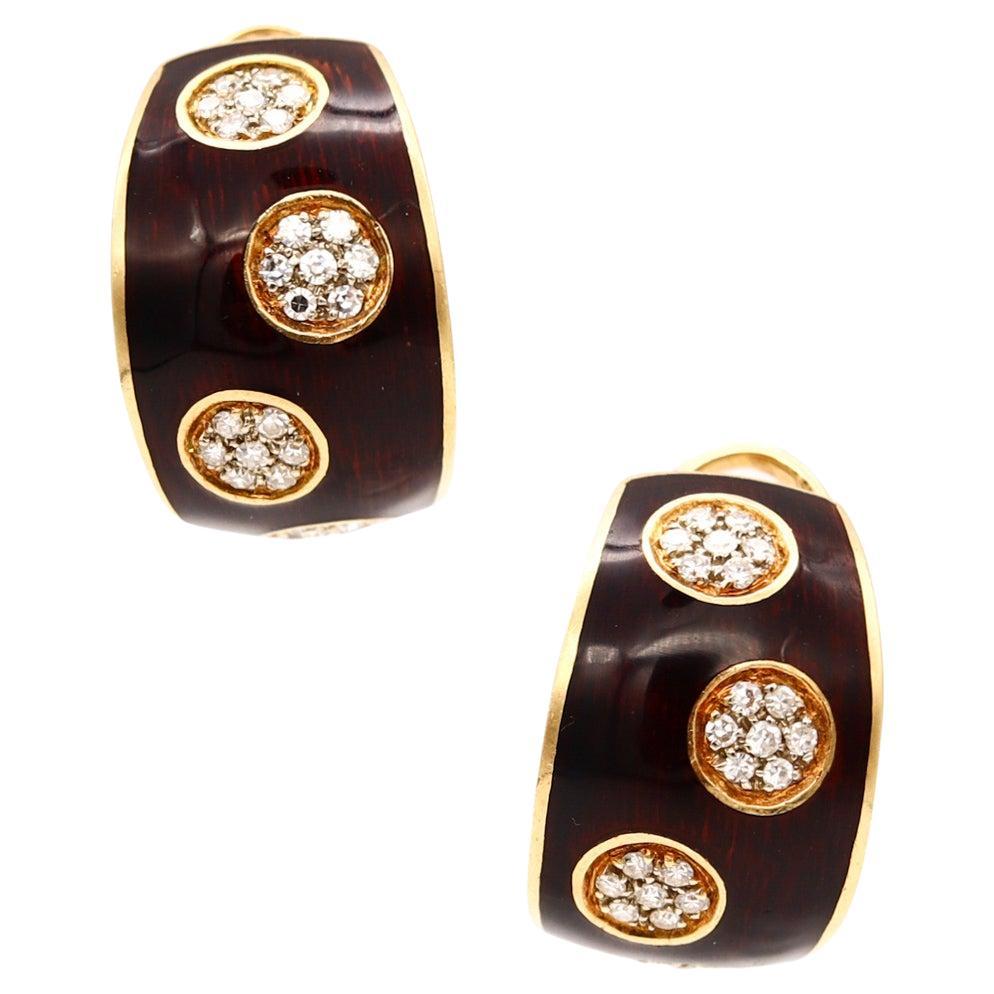 Van Cleef & Arpels 1970 Vintage Enameled Earrings in 18Kt Gold 1.12 Cts Diamonds