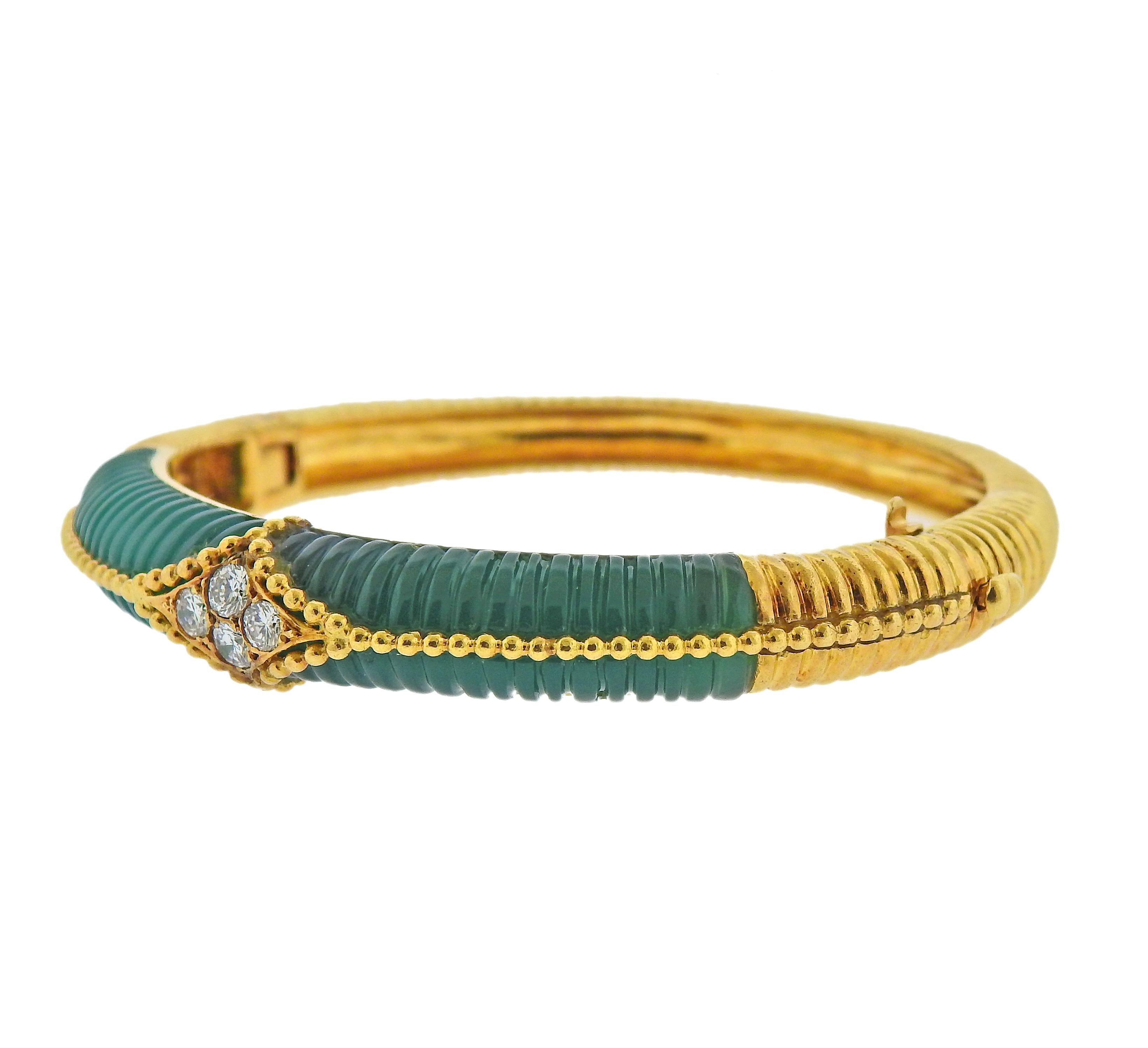 18k gold vintage Van Cleef & Arpels bangle bracelet with carved chrysoprase and approx. 0.40ctw in diamonds. Bracelet will fit approx. 7