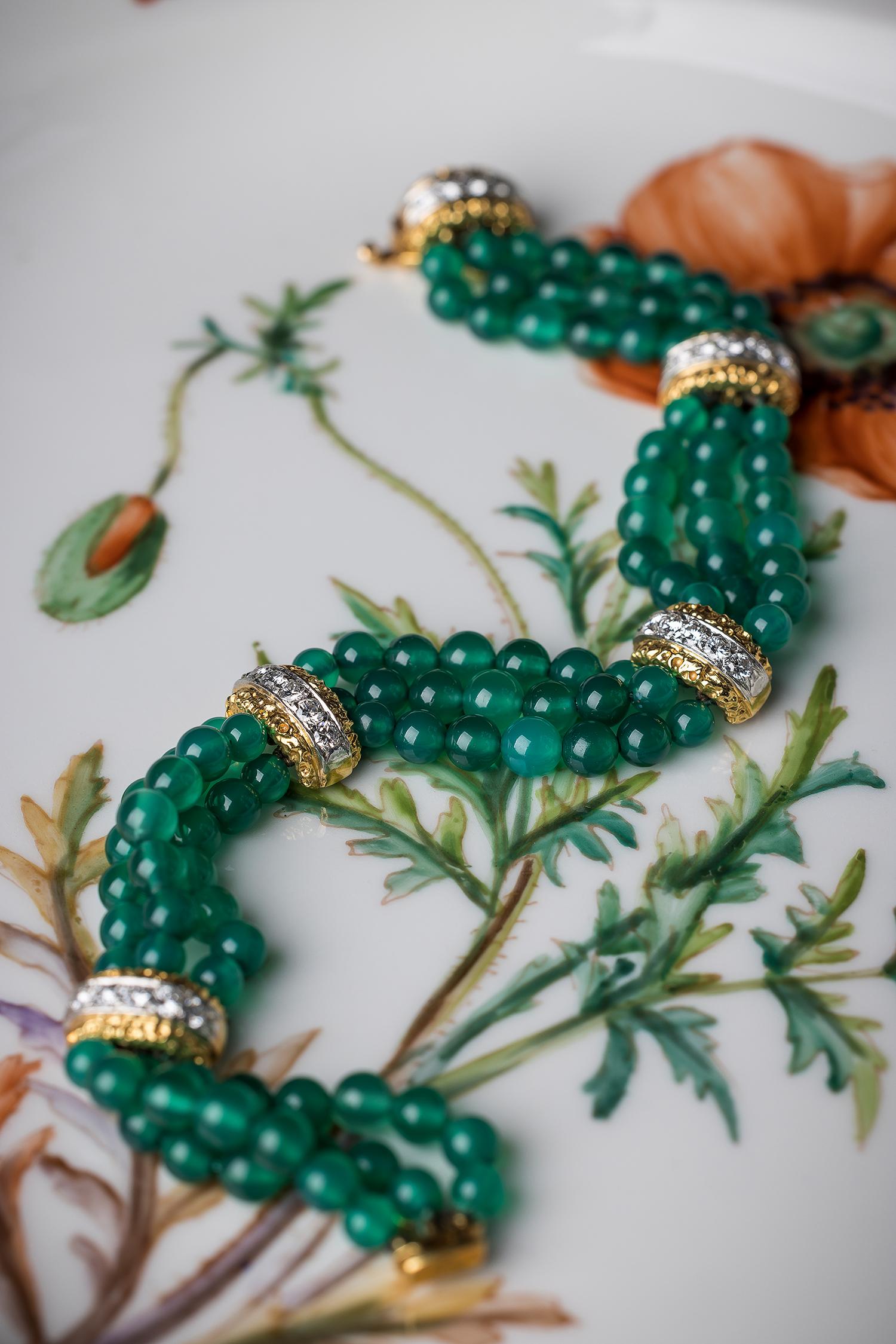 Pure elegance, day and night – Van Cleef & Arpels, 1970s, bracelet made in 18K yellow gold formed by three rows of chrysoprase beads with five domed spacers in yellow gold and platinum set each with a row of 5 brilliant-cut diamonds, one used as a