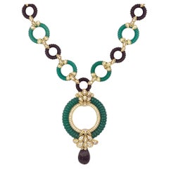 Van Cleef & Arpels 1970s Chrysoprase Onyx Diamond Sautoir Necklace