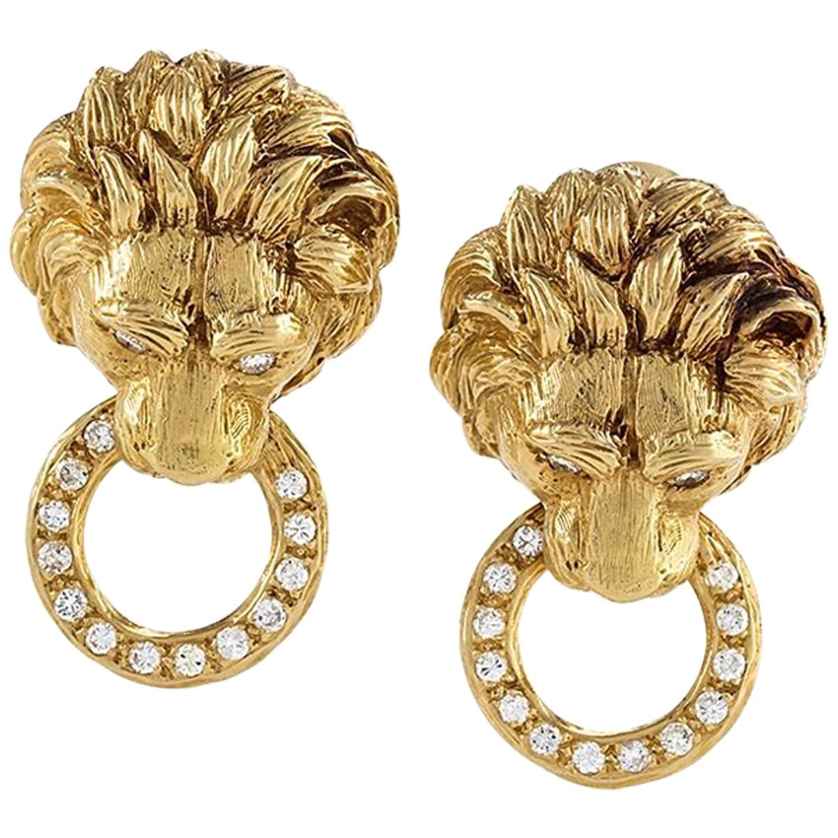 Alimarket Gold Tone Door Knocker Fierce Lion Head Chain Fancy Earrings Jewelry 