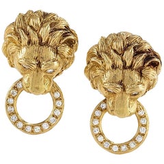 Retro Van Cleef & Arpels 1970s Diamond and Gold Lion Head Door Knocker Earrings