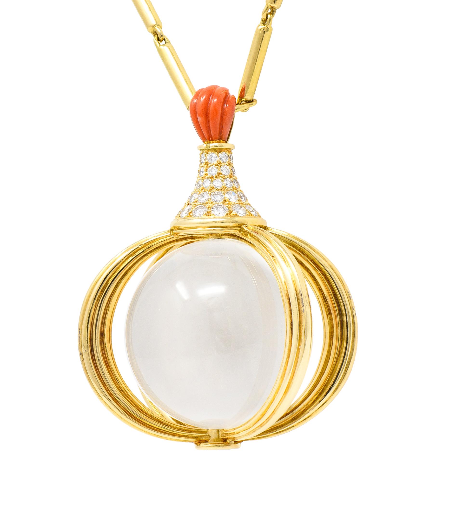 Van Cleef & Arpels 1970s Diamond Coral Crystal Quartz Sphere Pendant Necklace For Sale 1