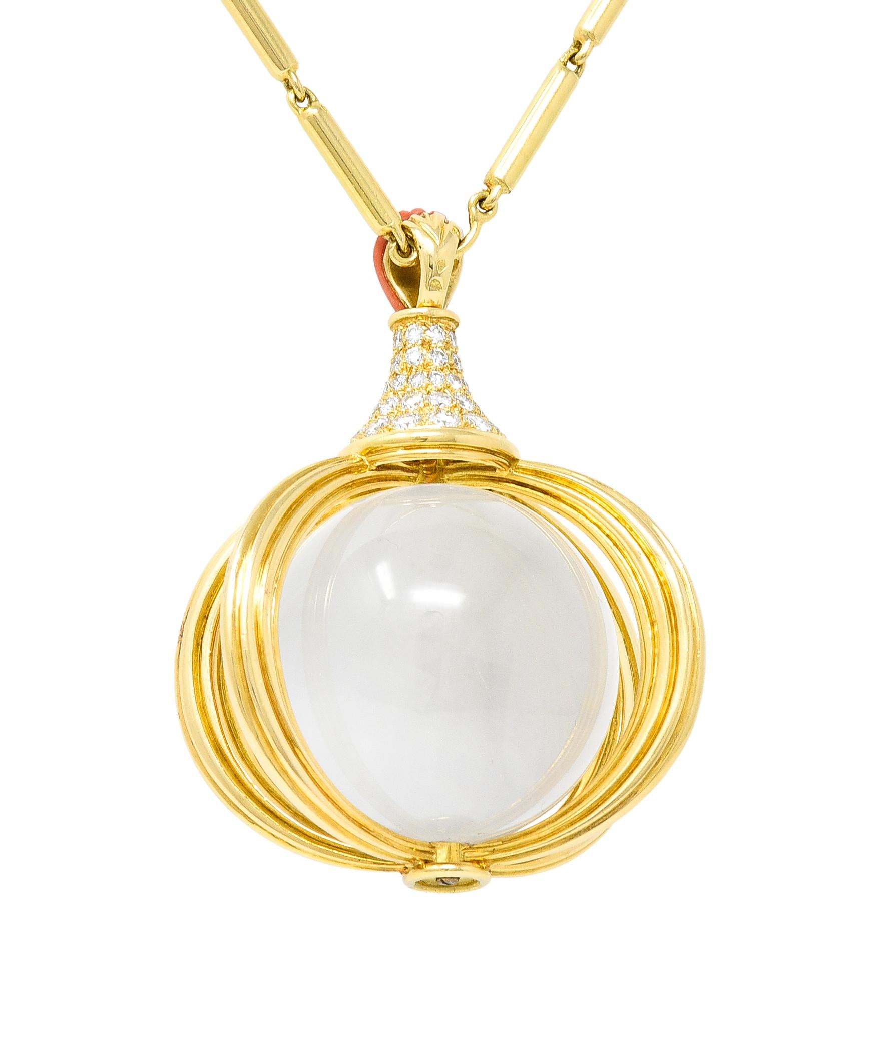 Van Cleef & Arpels 1970s Diamond Coral Crystal Quartz Sphere Pendant Necklace For Sale 2
