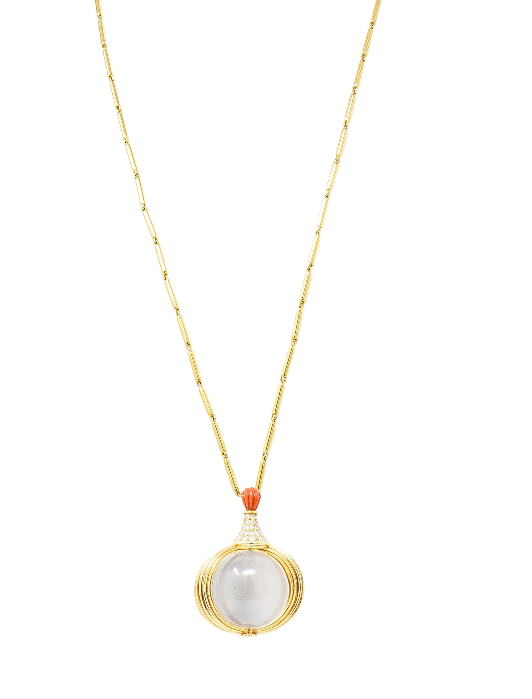 Van Cleef & Arpels 1970s Diamond Coral Crystal Quartz Sphere Pendant Necklace For Sale 3