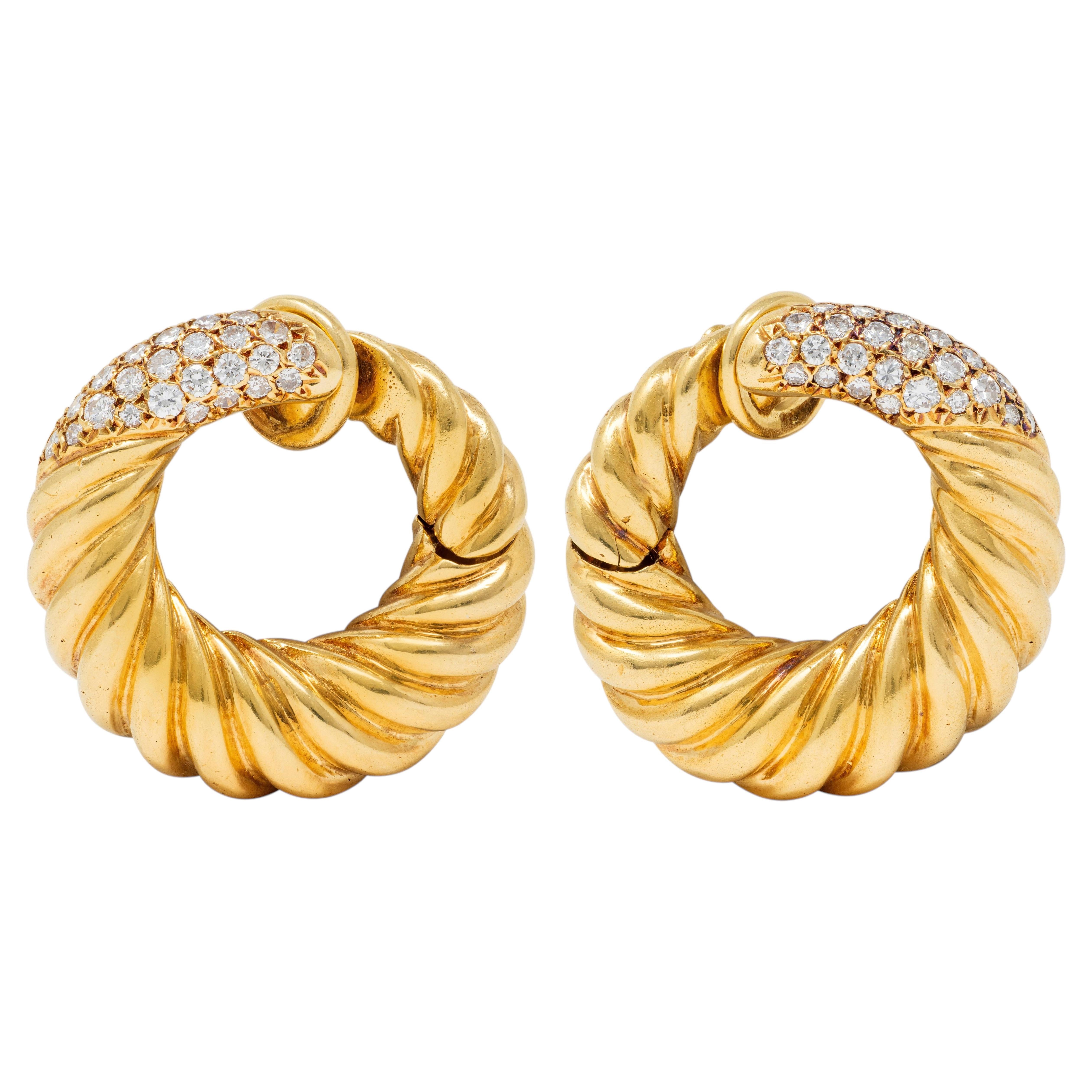 Van Cleef & Arpels 1977 French Diamond 18K Gold Twist Hoop Ear-Clip Earrings