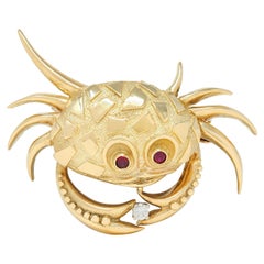 Van Cleef & Arpels 1980's Diamond Ruby 18K Yellow Gold Cancer Zodiac Crab Brooch